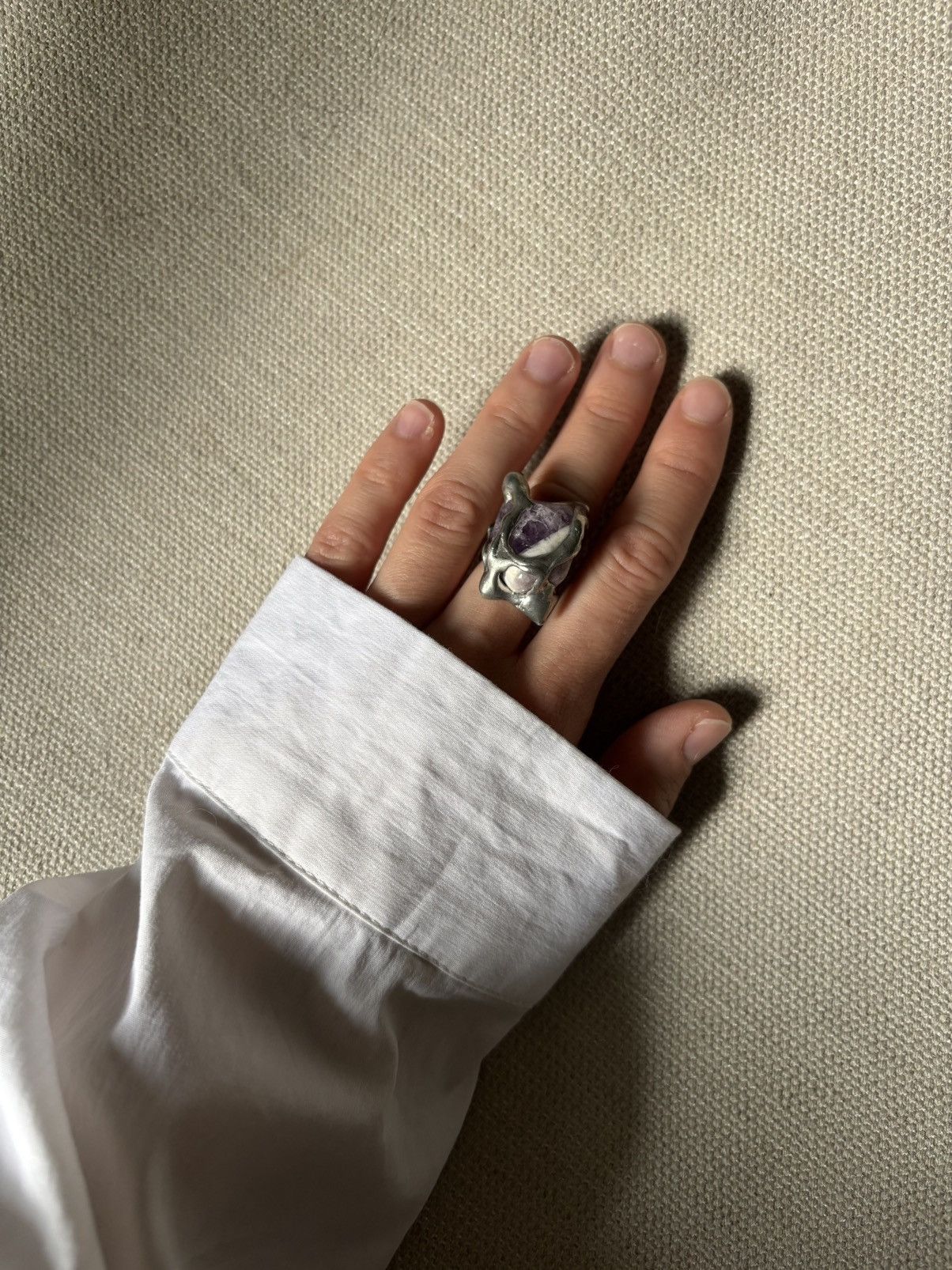Avant Garde x Jewelry Vintage Large Brutalist Danish Amethyst Modernist Metal Ring in Silver, Women's
