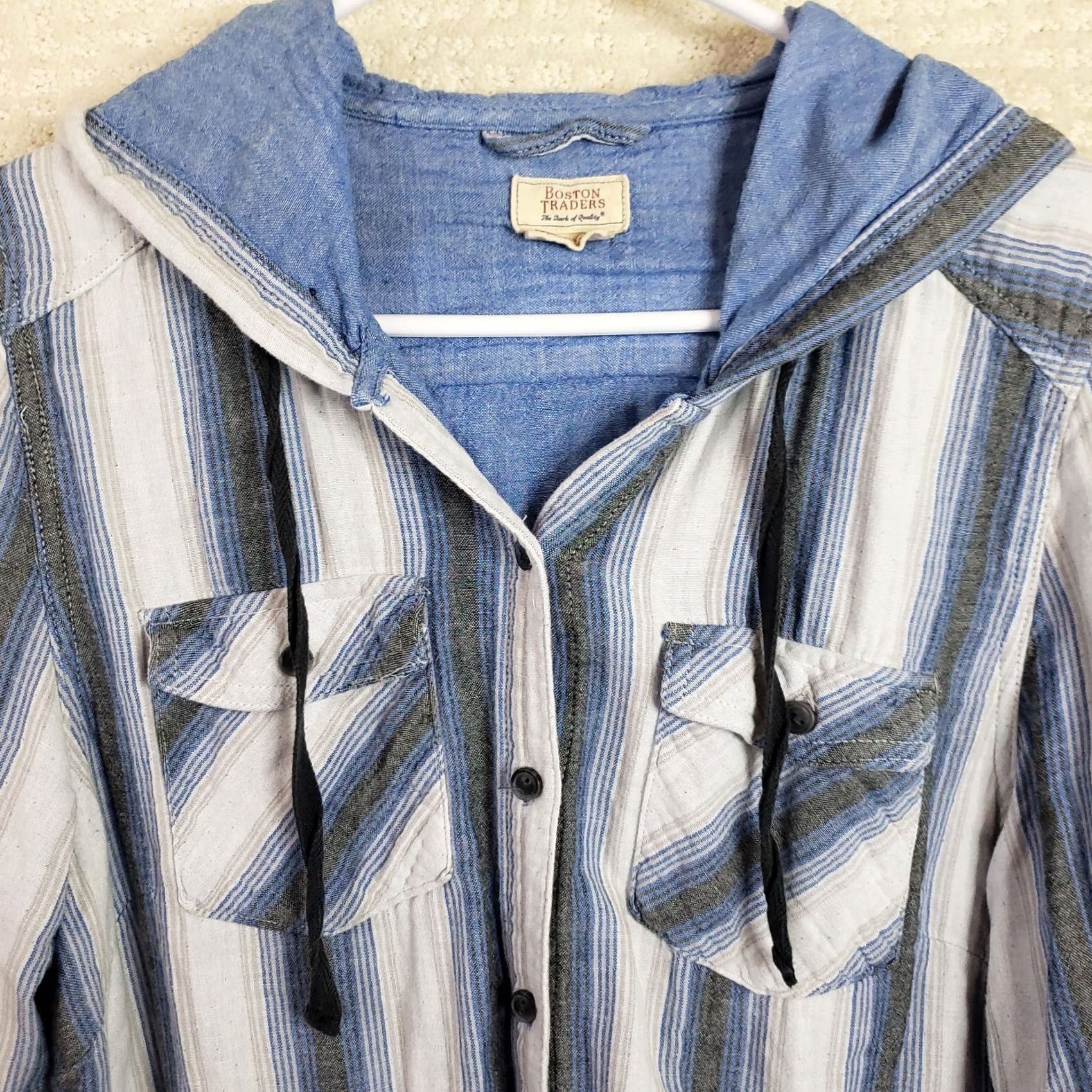 Vintage Boston Traders Flannel Pullover Shirt Women's L Blue Hooded Striped Long Sleeve Size L / US 10 / IT 46 - 3 Thumbnail