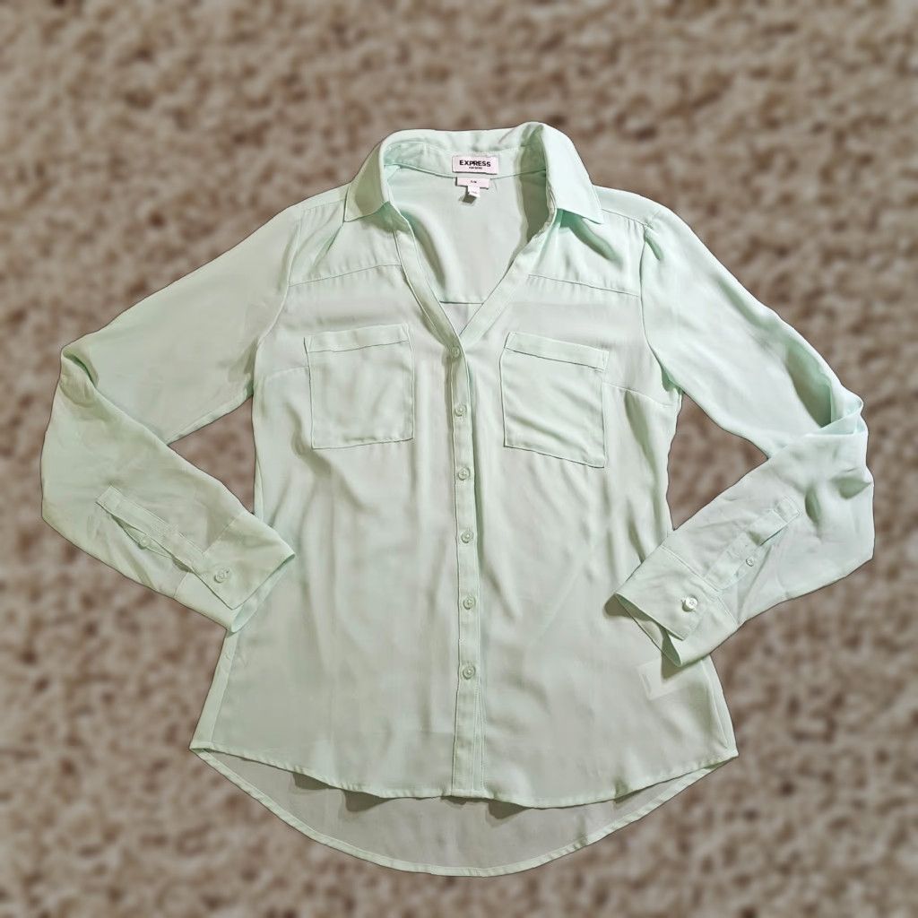 Express Express Shirt Women Small Green Portofino Sheer Button Long Sleeve Casual Capstone? Size S / US 4 / IT 40 - 1 Thumbnail