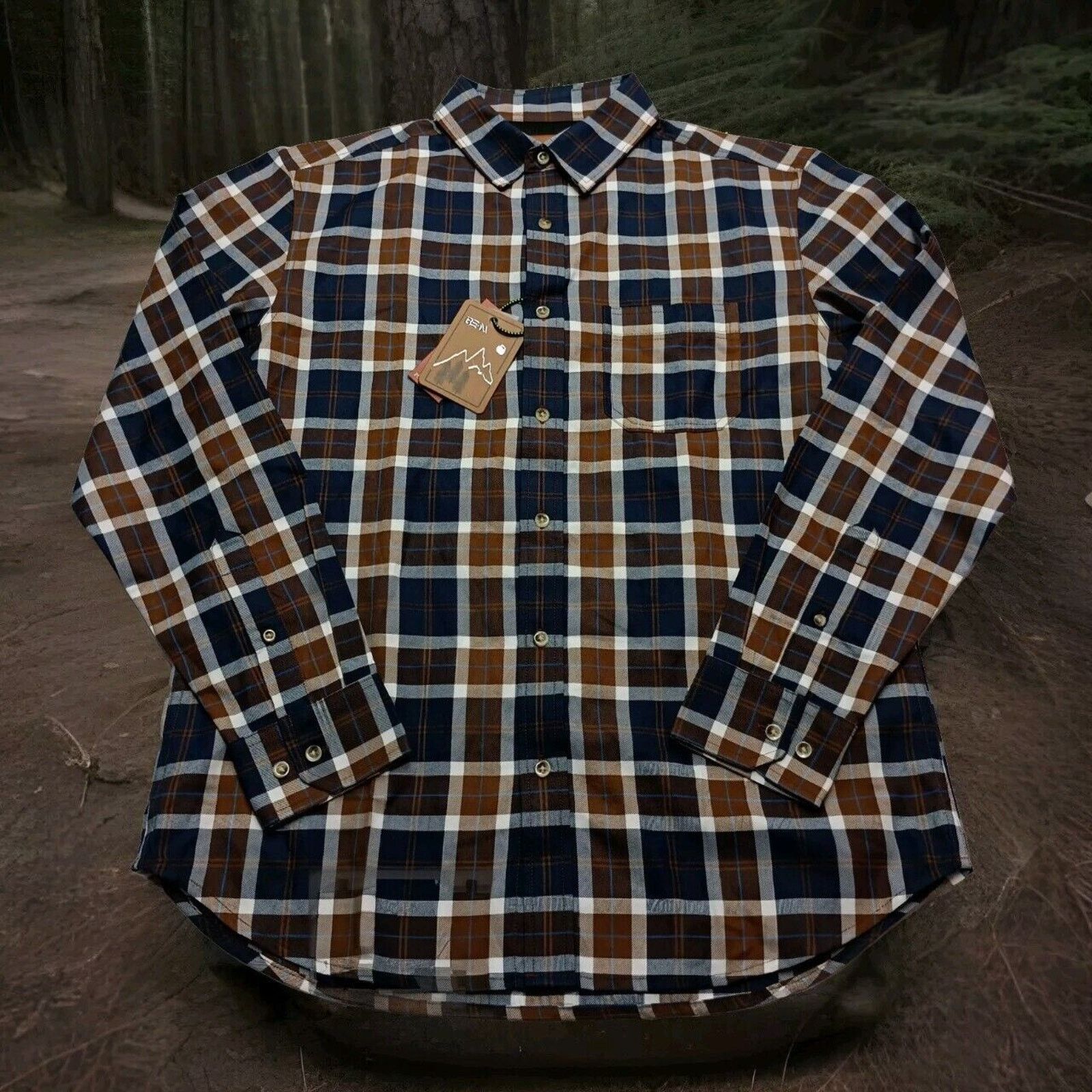 Betabrand Beta Venturing Plaid Series Shirt Men's M Navy Blue Brown Size US M / EU 48-50 / 2 - 1 Thumbnail
