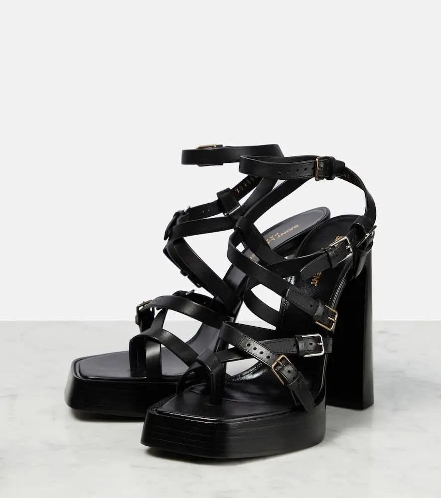Saint Laurent Paris o1b1hav111224 Platz Platform Sandals in Smooth Leather Black Size US 12 / IT 42 - 8 Thumbnail