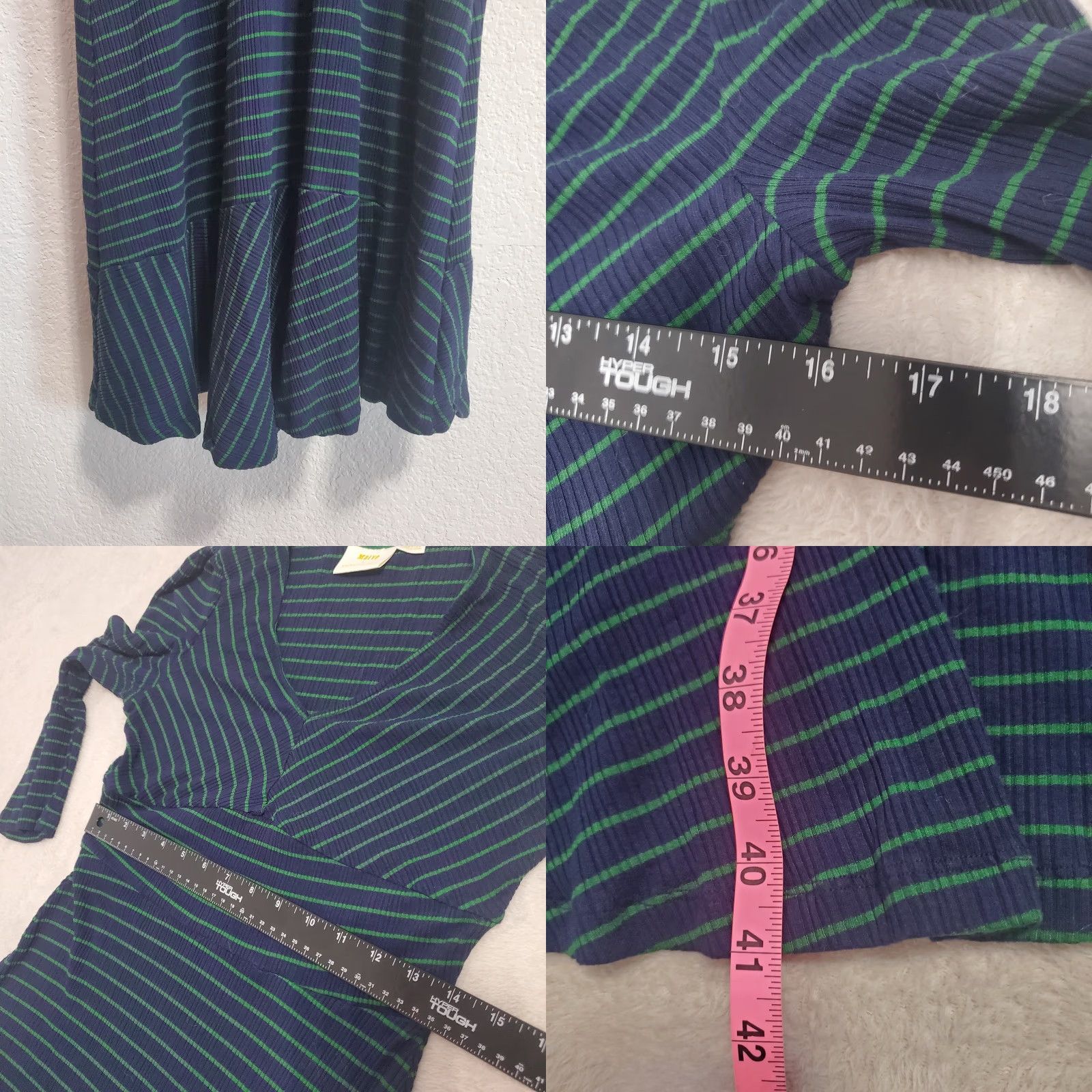 Anthropologie VINTAGE Anthropologie Maeve Dress Women M Blue Green Striped Ribbed Stretchy V Neck Midi 3/4 Sleeve Ruffle Hem Size M / US 6-8 / IT 42-44 - 8 Thumbnail