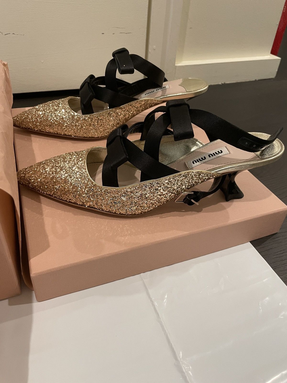 Miu Miu Miu Miu Glitter Slingback Heels with Satin Ribbons – Size 37 Size US 7 / IT 37 - 1 Thumbnail