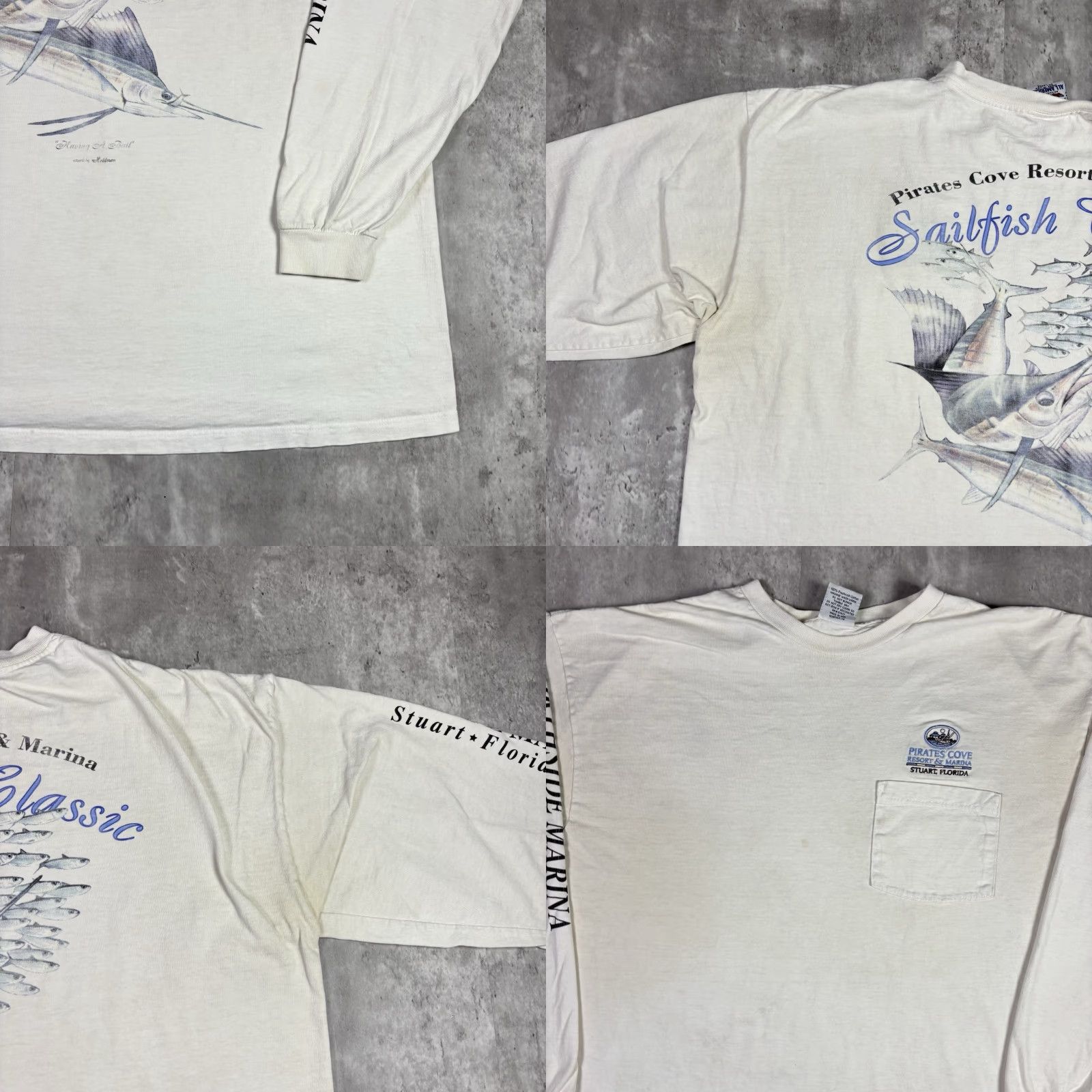 Gildan VINTAGE Pirates Cove Fish Promo Art T Shirt White Long Sleeve 90s Adult 2XL Size US XXL / EU 58 / 5 - 9 Thumbnail