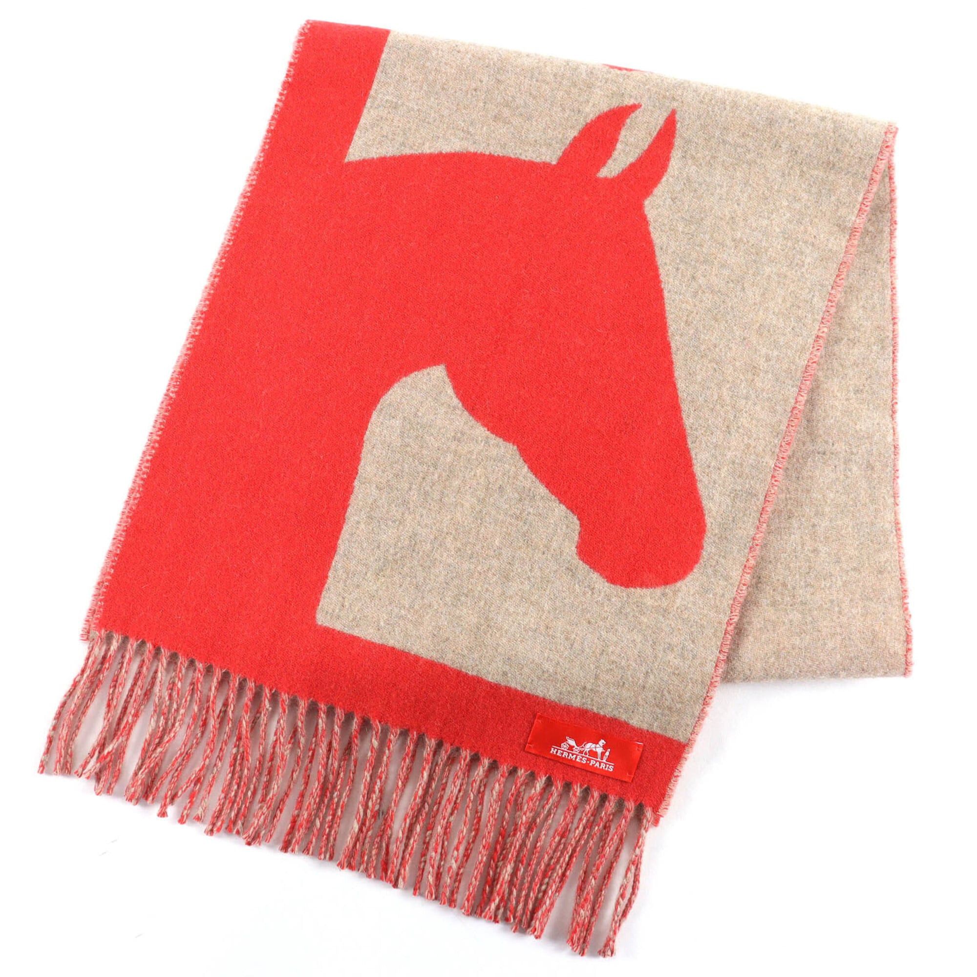 Hermes HERMES Love Story Cashmere Ecarlato Beige Fringe Scarf (Red/Beige) - Made in England Women's Size ONE SIZE - 1 Thumbnail