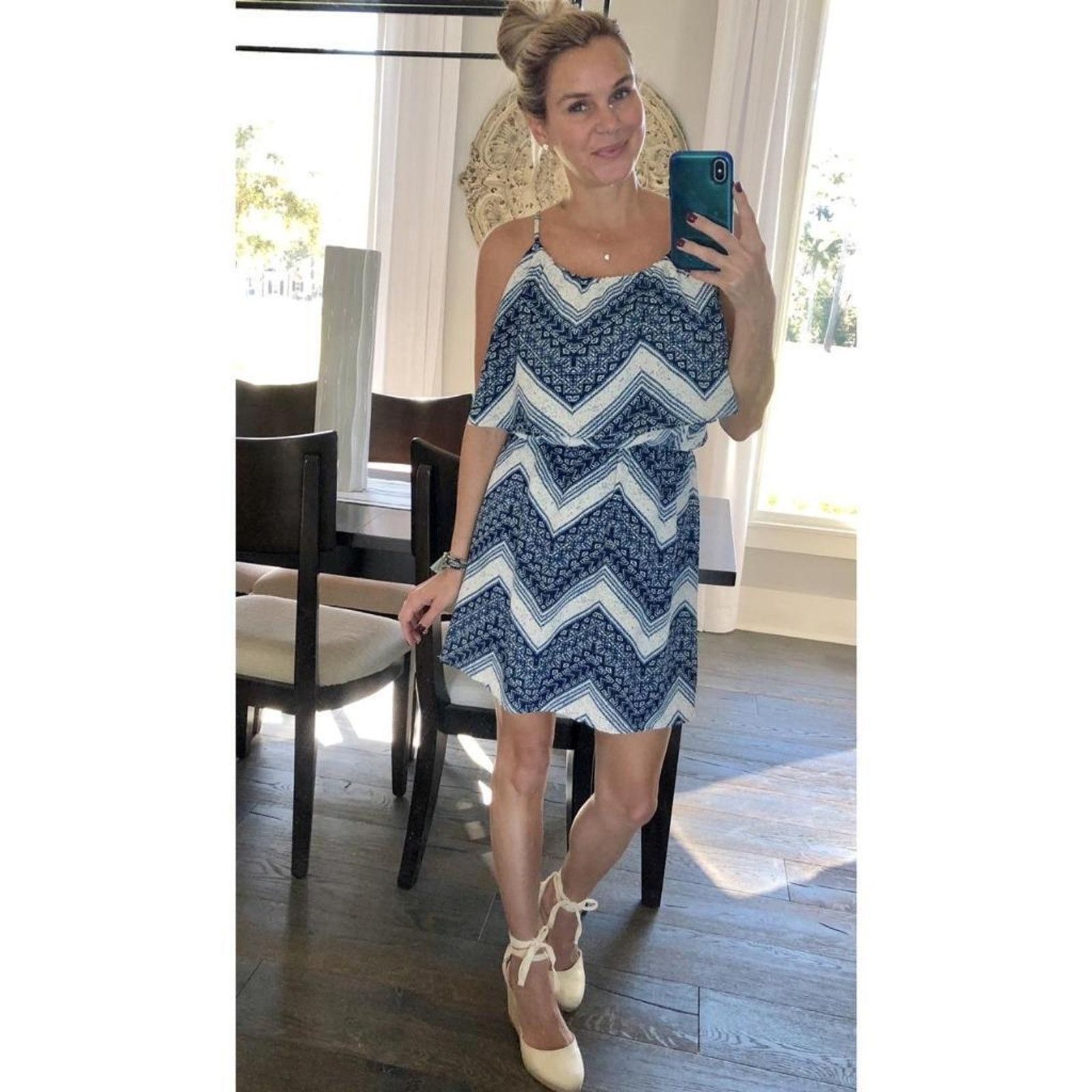 Other NEW Boutique Navy Ivory Chevron Ruffle Mini Dress Sundress S Size S / US 4 / IT 40 - 2 Thumbnail