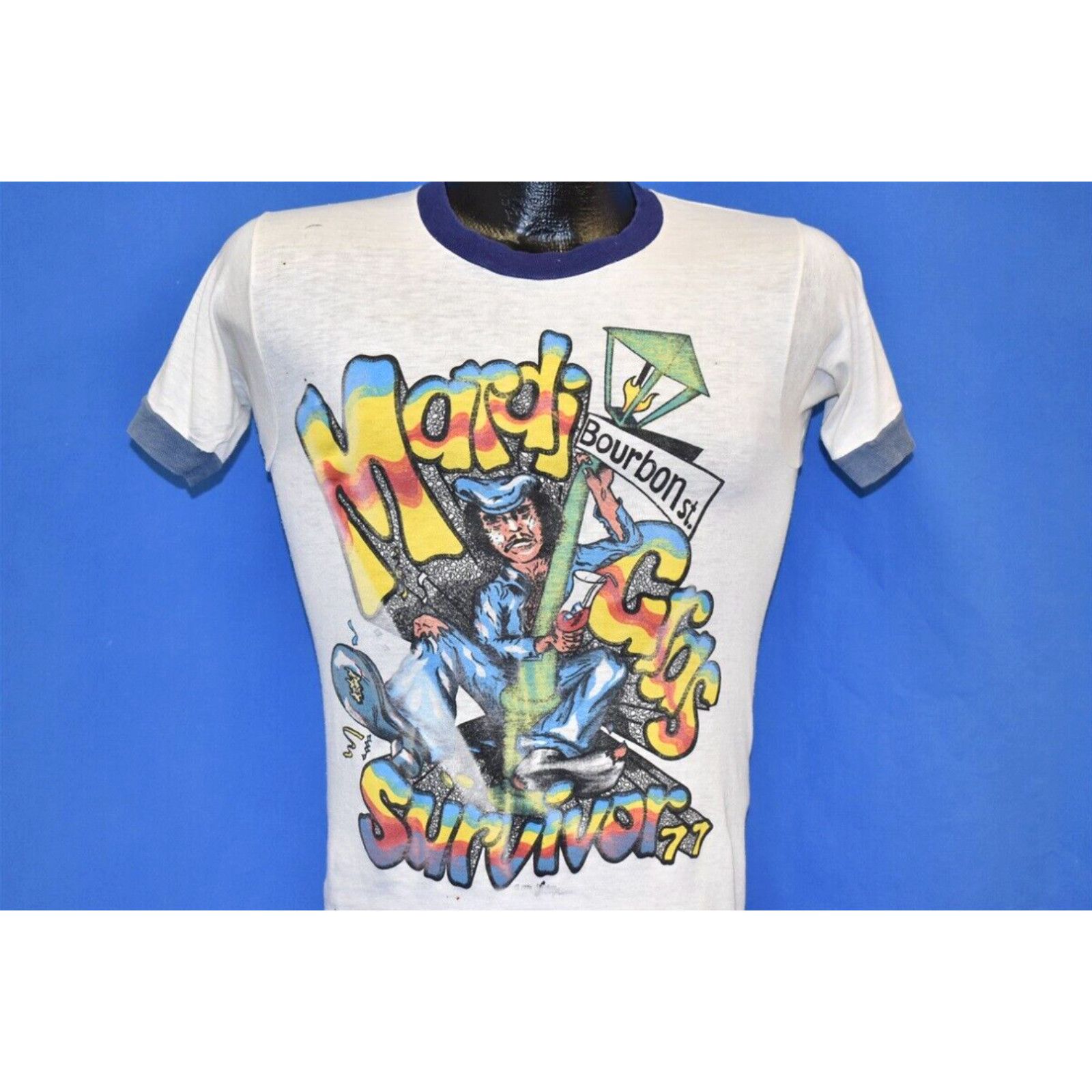 Image of Vintage VTG 70's Mardi Gras 77 Survivor Bourbon St Cartoon Ringer T-Shirt Extra Small Xs in White