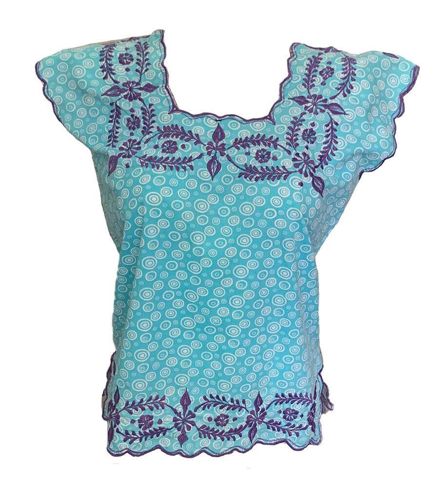 Designer Pre Owned Blue Printed Embroidered Hand Made Blouse L Size L / US 10 / IT 46 - 1 Thumbnail