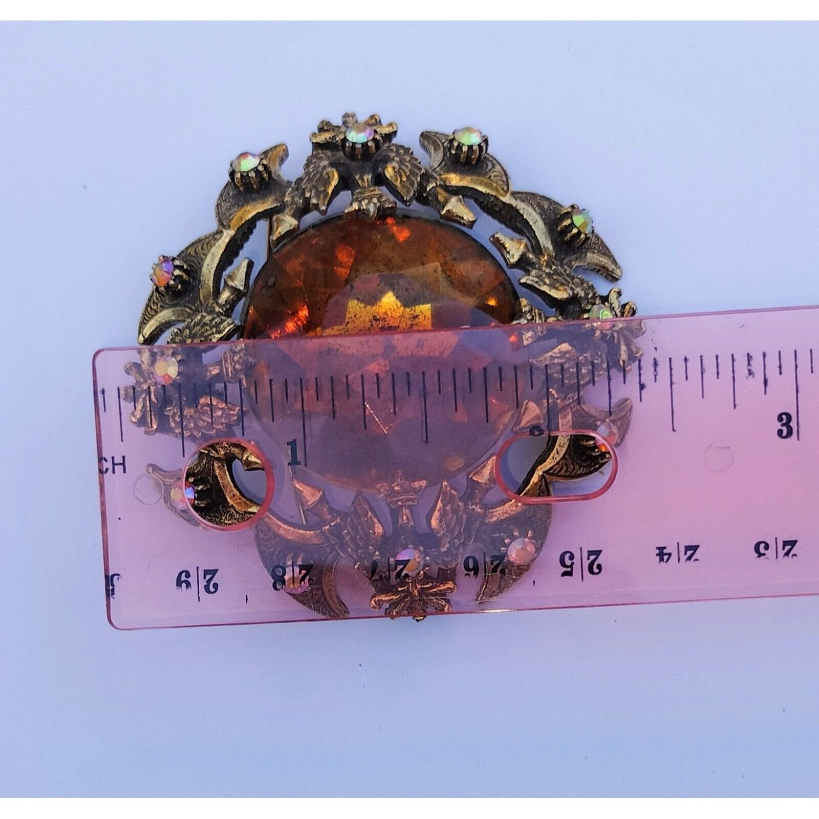 Vintage Florenza Brooch Cognac Faceted Glass AB Stones Coat Arms Pen Size ONE SIZE - 20 Thumbnail