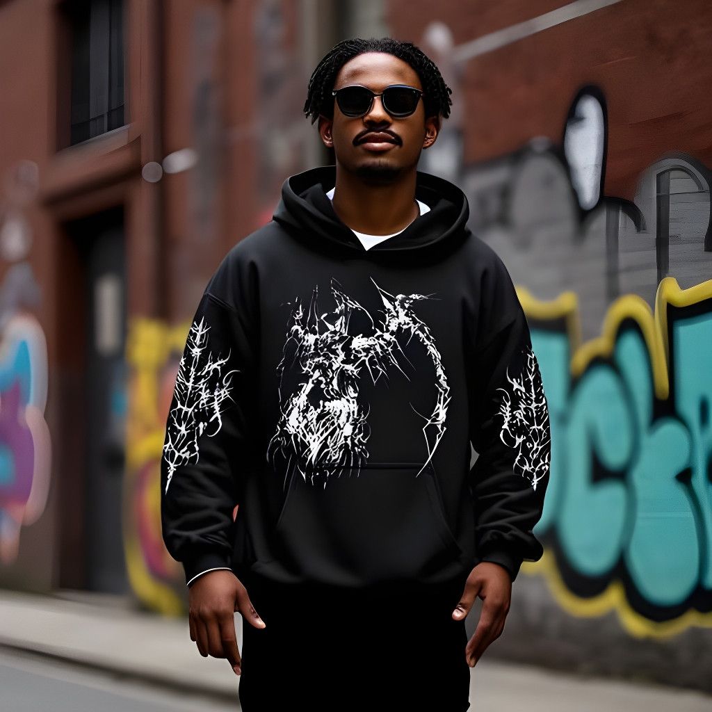 Vintage Mens Graphic Hoodie, Black Dark Streetwear Gothic Jacket, Size US L / EU 52-54 / 3 - 2 Thumbnail