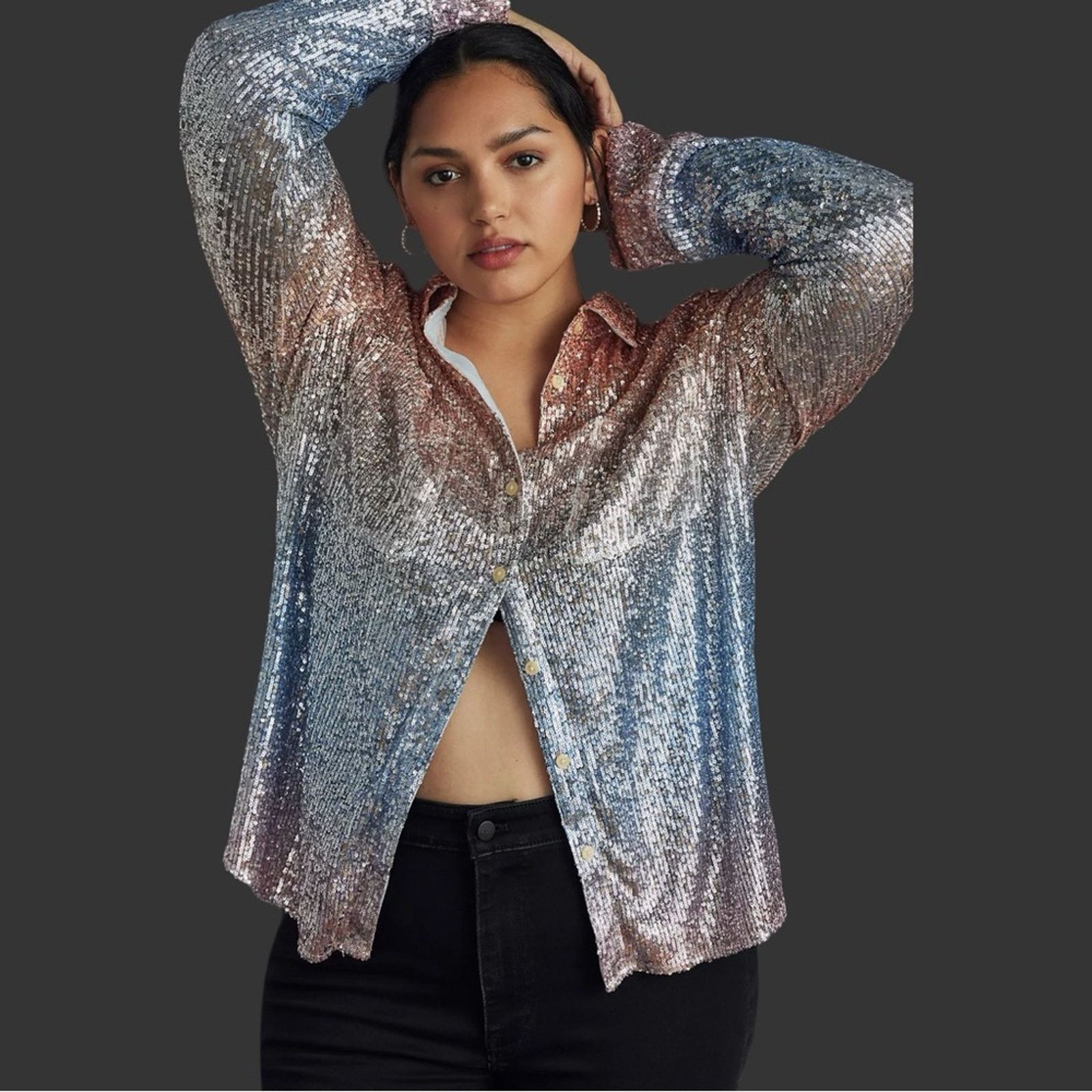 Anthropologie Anthropology Ombré Sequin Buttondown Shirt Blue/Peach size M Size M / US 6-8 / IT 42-44 - 1 Thumbnail