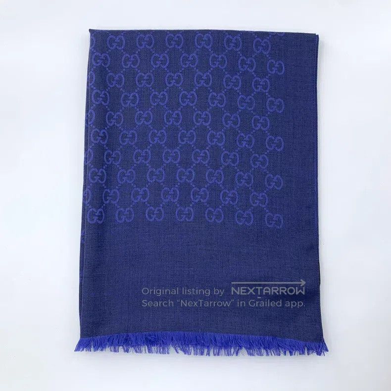 Gucci Gucci Dark blue logo jacquard printed wool tassel scarf Size ONE SIZE - 1 Thumbnail