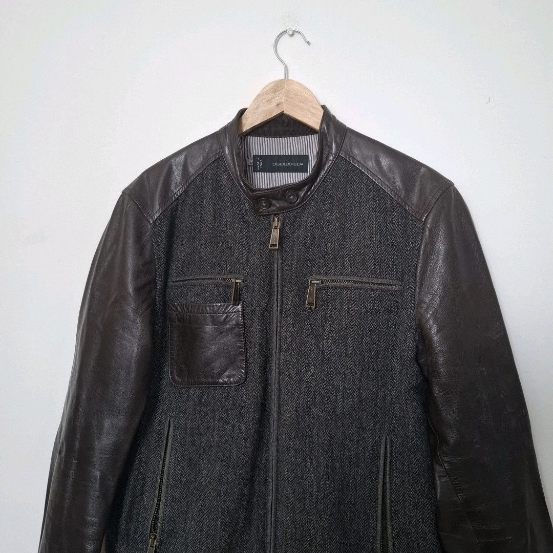 Dsquared2 DSQUARED2 Vintage Brown Leather Wool Zip Up Biker Jacket Size US XL / EU 56 / 4 - 3 Thumbnail