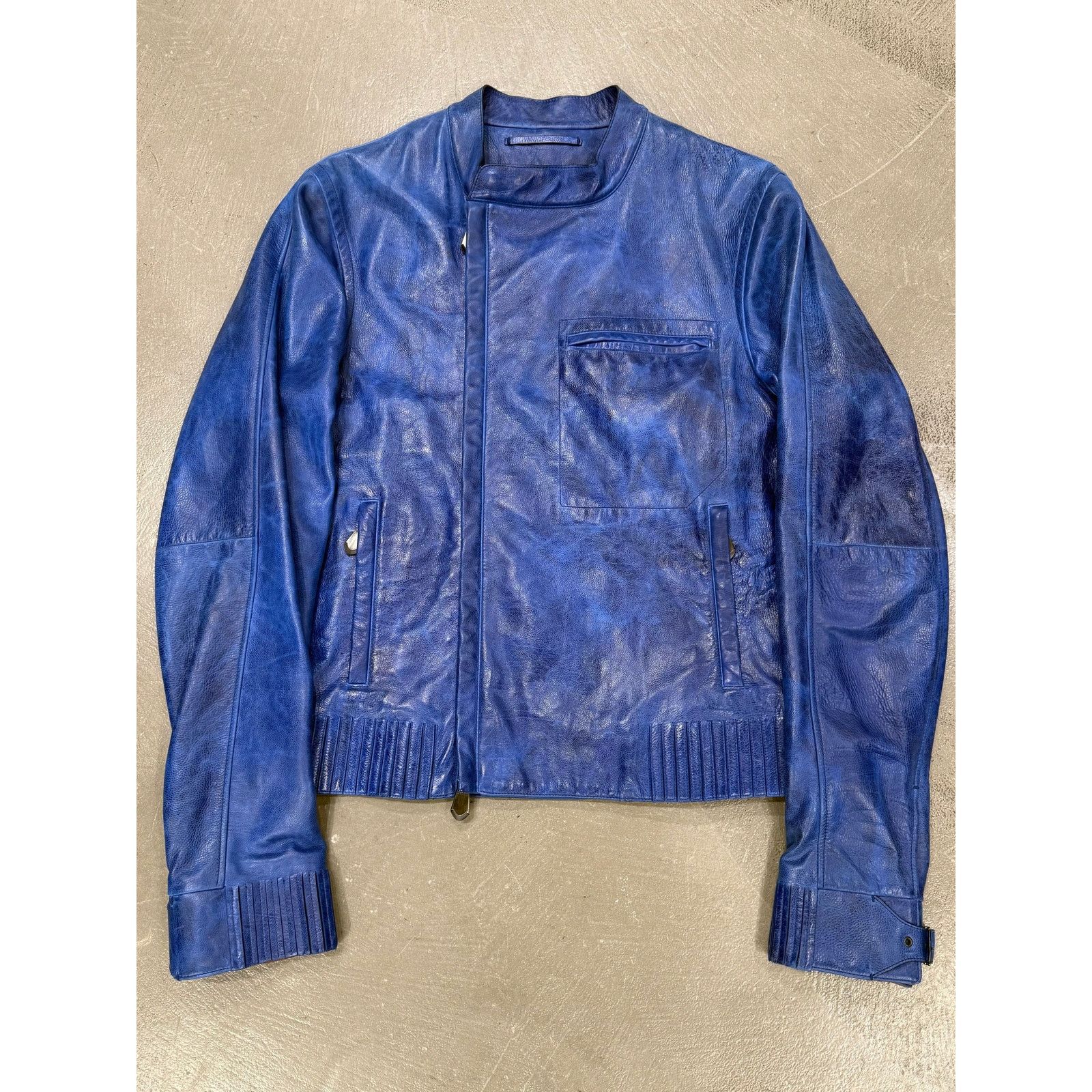 2010s Berluti distressed blue biker nabuck leather jacket