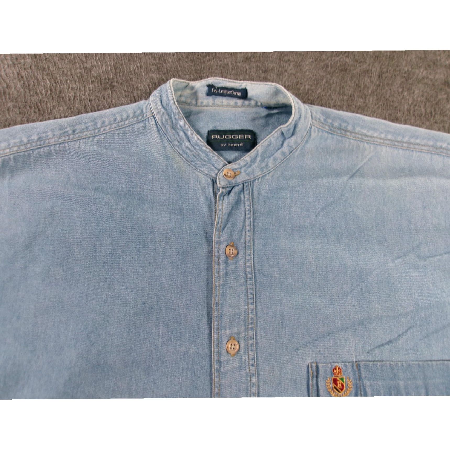 Denime RUGGER Button-Up Shirt Mens XL Blue Denim Long Sleeve Band Collar Embroidered Logo Casual Workwear Size US XL / EU 56 / 4 - 2 Thumbnail