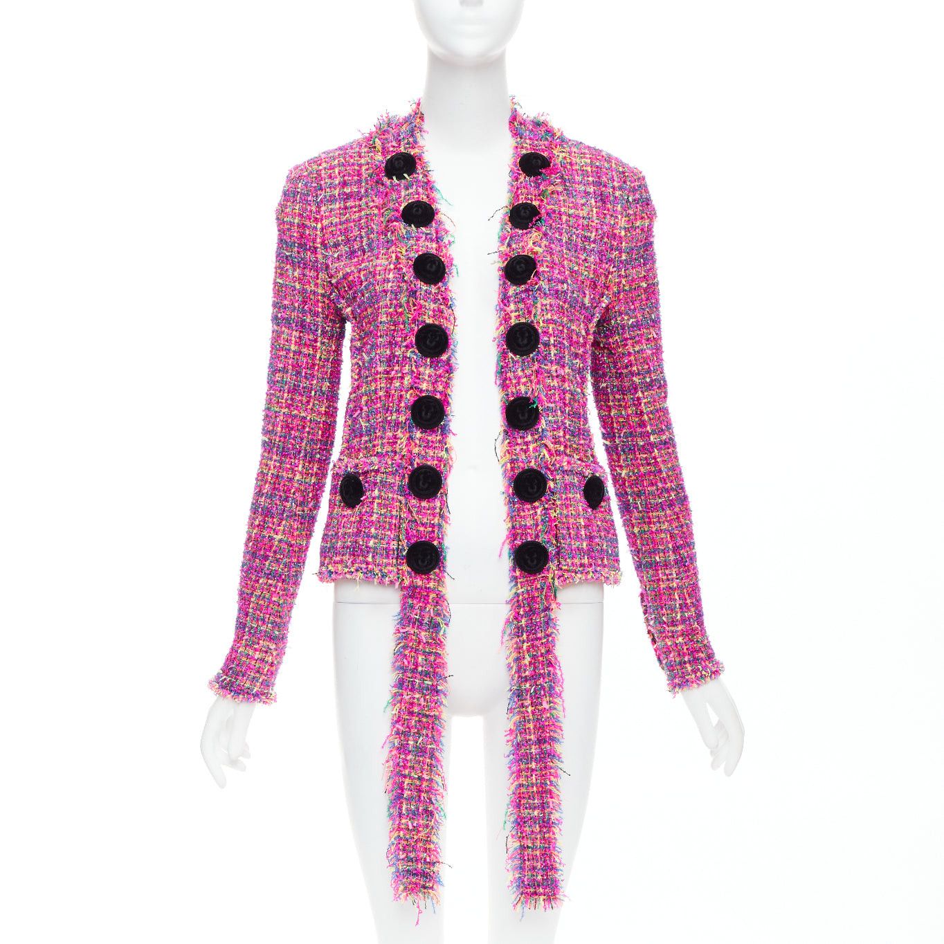 BALMAIN multicolor pink tweed black velvet buttons crop jacket FR34 XS