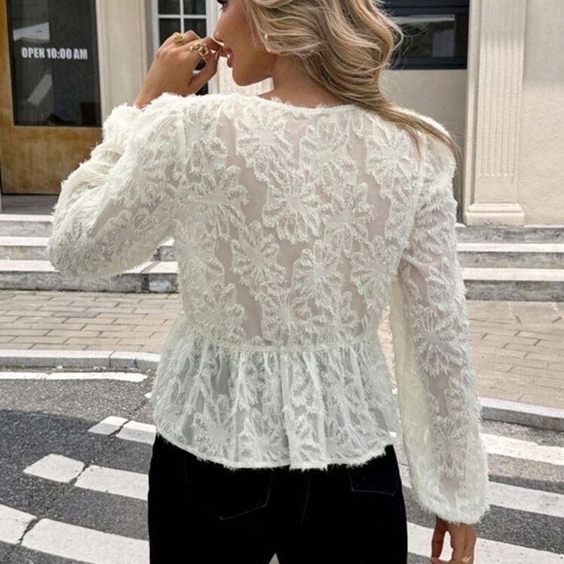 Other Sheer lace long sleeve white peplum ruffle black bow blouse Size S / US 4 / IT 40 - 6 Thumbnail