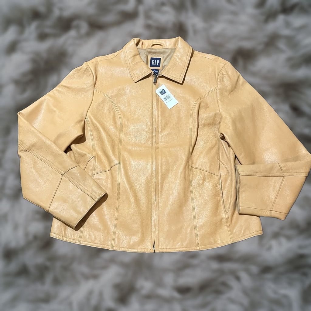 VINTAGE Gap Leather Jacket 1990s 1999 Y2K Peach Orange Deadstock Trucker Rockstar Women XL Brown Zip Coat