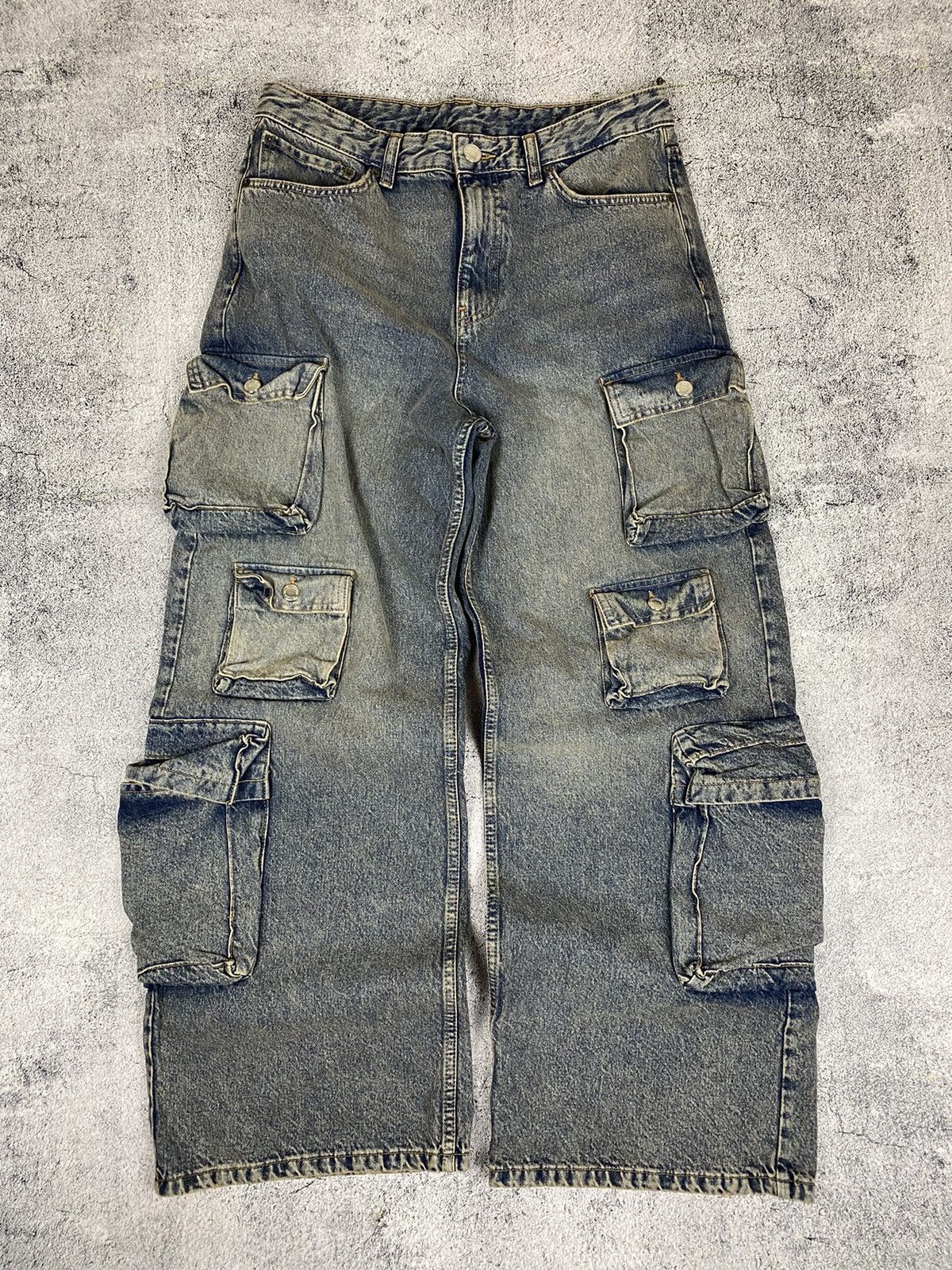 Pre-owned Avant Garde Very Wide Multi Pocket Cargo Faded Y2k Pants In Grey