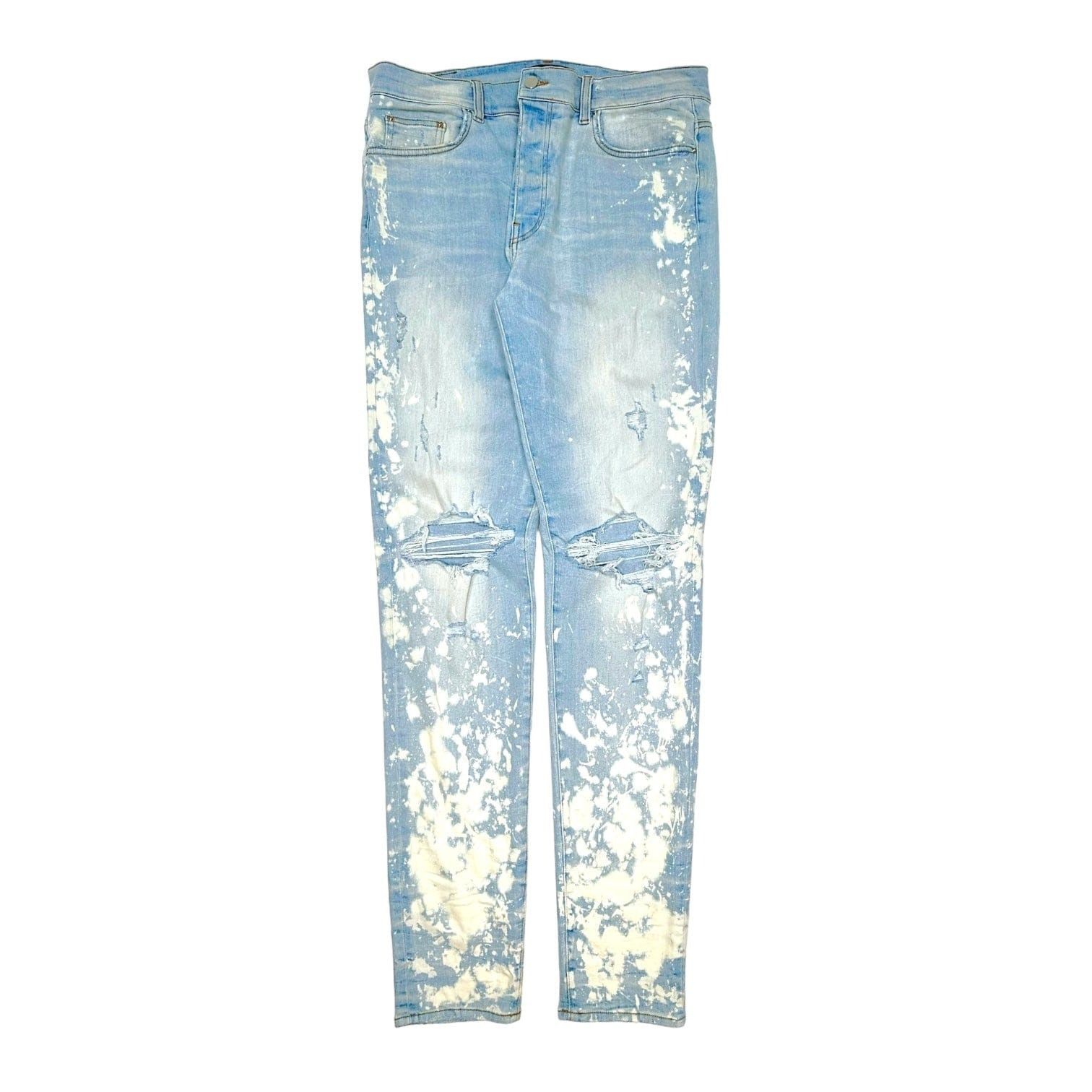 image of Amiri Bleached Splatter Thrasher Minus Jeans Light Indigo, Men's (Size 36)