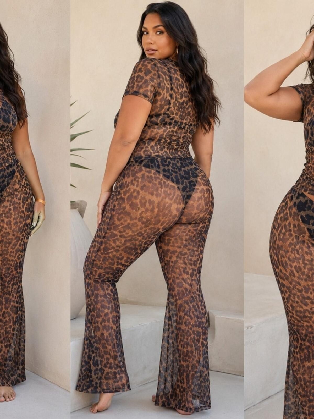 Other Leopard Print Two-Piece Top & Flare Pants Set - Brown Black Size ONE SIZE - 5 Thumbnail