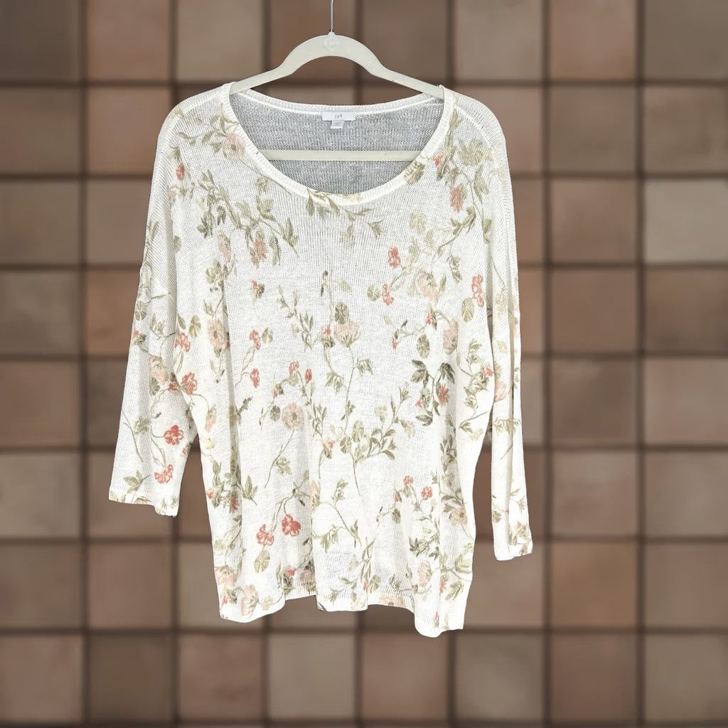 J. Jill J. Jill Knit 3/4 Sleeve Linen Blend Ivory Floral Tunic Sweater Side Slits Large Size L / US 10 / IT 46 - 1 Thumbnail