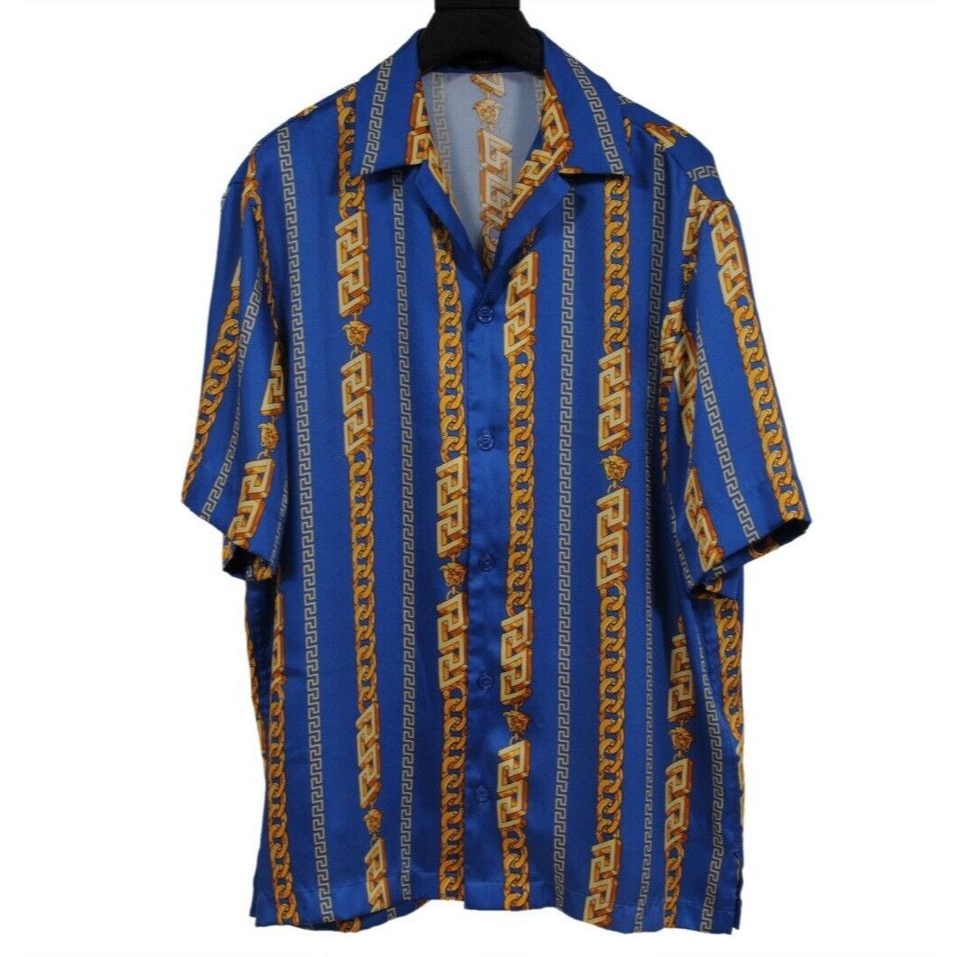 Versace Chain Link Bowling Shirt IT 48 Blue Gold Size US M / EU 48-50 / 2 - 1 Thumbnail