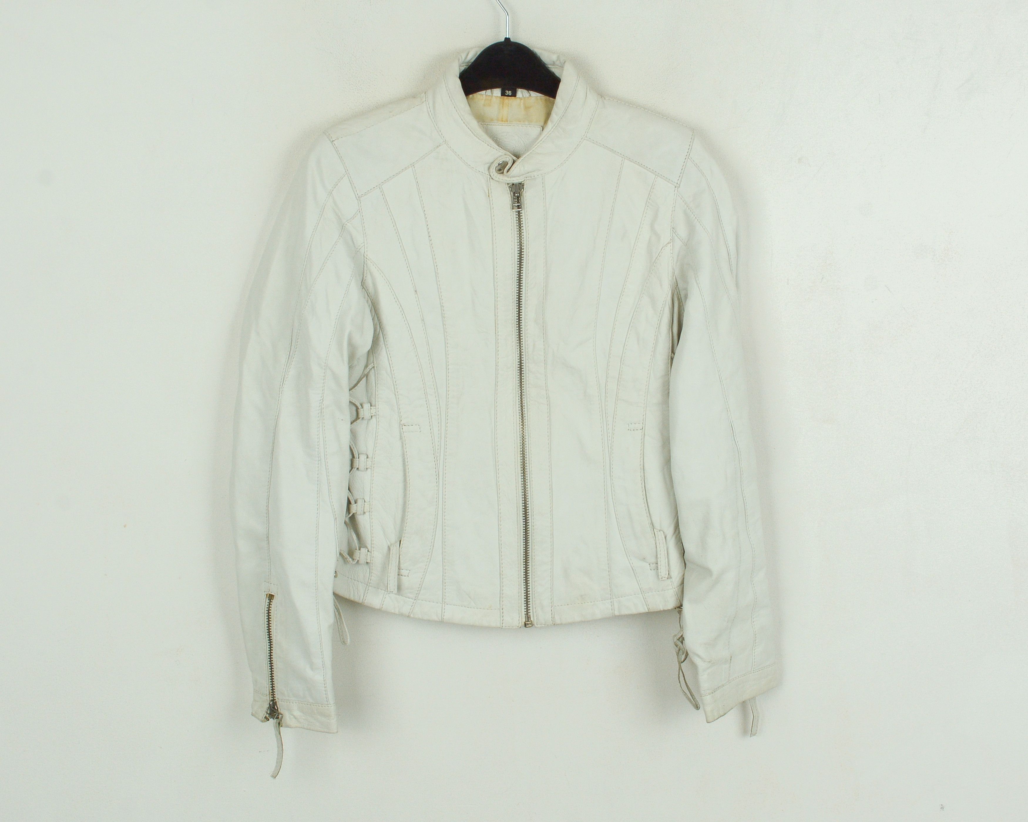 KARA Leather Jacket S Womens EU 36 Coat UK 8 White US 4 Biker Size S / US 4 / IT 40 - 1 Thumbnail