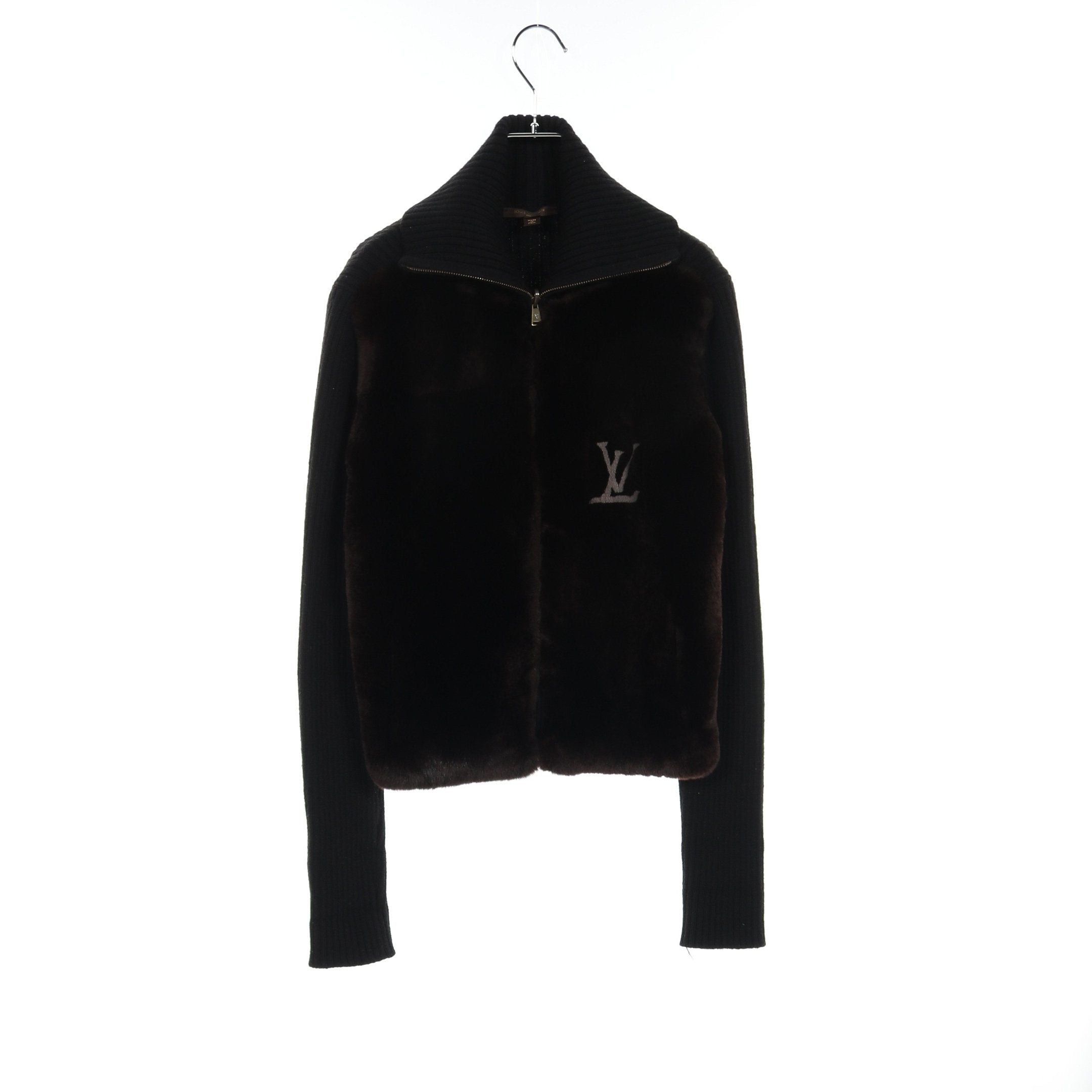 Louis Vuitton Louis Vuitton Knit Jacket Rabbit Fur Wool Black Dark Brown Zip Up Color-Block Size ONE SIZE - 1 Thumbnail