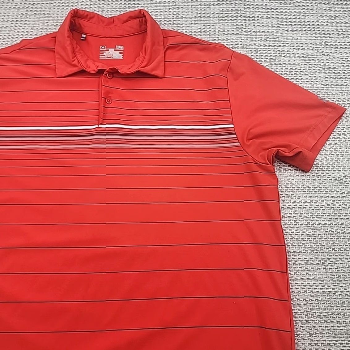 Under Armour Under Armour Polo Shirt Mens Large Short Sleeve ColdBlack HeatGear Orange Striped Polo Shirt Mens L Orange Heatgear Striped Size US L / EU 52-54 / 3 - 2 Thumbnail
