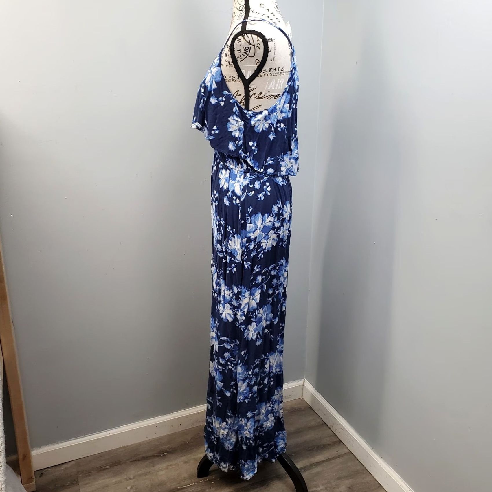 Vintage LC Lauren Conrad Maxi Dress Womens M Blue White Floral Cinch Waist Tiered Bodice Dress Size M / US 6-8 / IT 42-44 - 5 Thumbnail