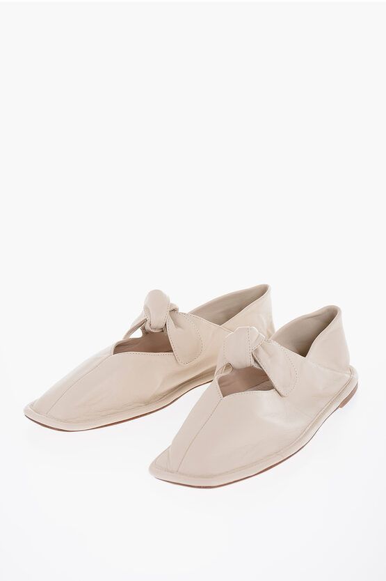 image of Hereu Square Toe Soft Leather Llasada Ballet Flats With Bow in Beige, Women's (Size 9)