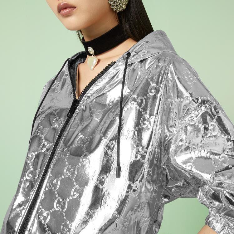 Gucci o1la5ras0526 GG Embossed Fabric Bomber Jacket in Silver Size M / US 6-8 / IT 42-44 - 3 Thumbnail