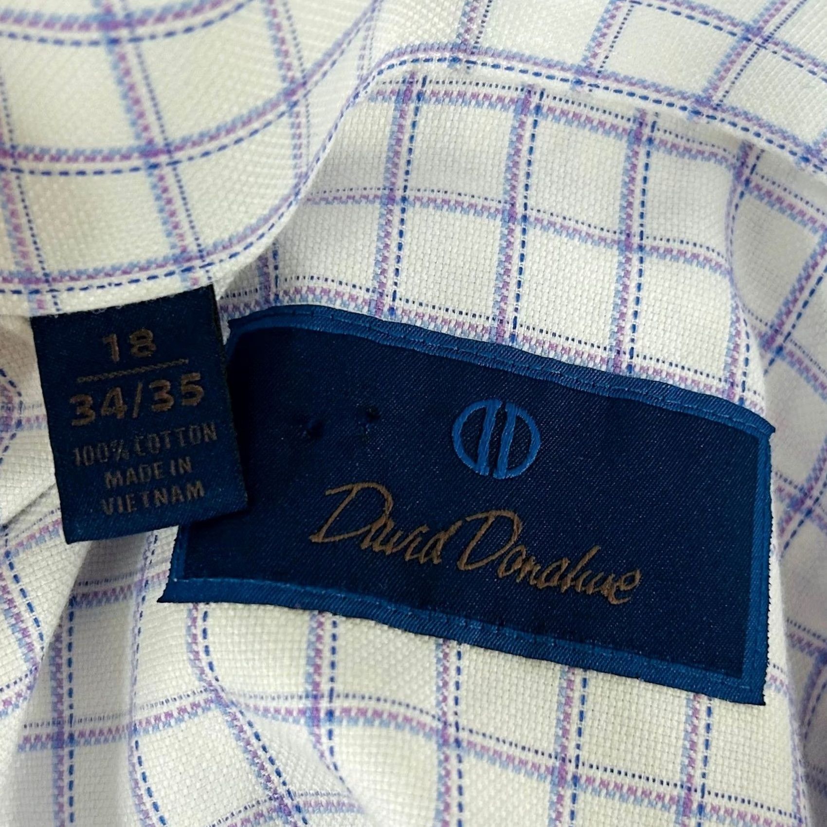David Donahue David Donahue Dress Shirt Men 18 34/35 White Blue Purple Plaid Cotton Button Up Shirt Regular Fit Long Sleeve Mens 100% Cotton Check Pattern White Size 48R - 3 Thumbnail