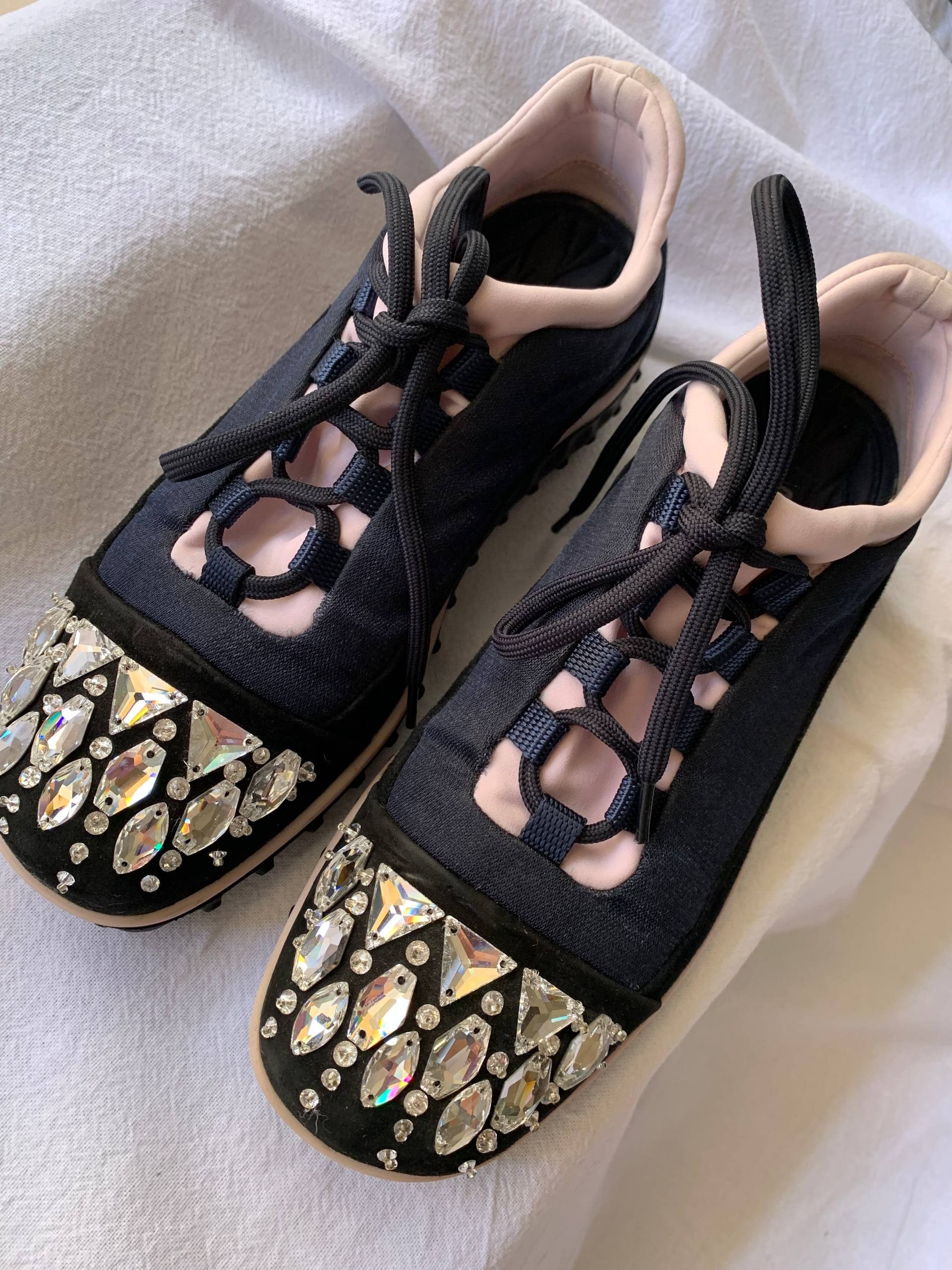 Miu Miu Crystal Embellished Neoprene Lace-Up Slip-On Sneakers Size US 4 / IT 34 - 1 Thumbnail