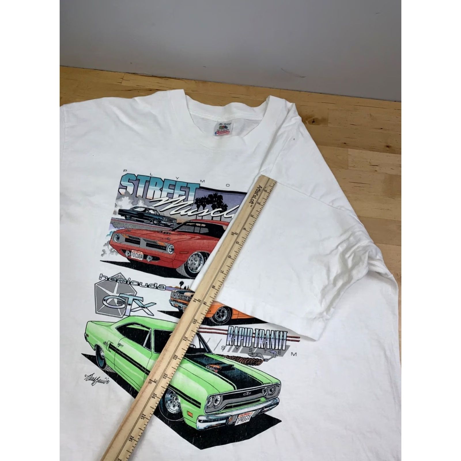 Fruit Of The Loom VINTAGE Fruit of the Loom T-Shirt Muscles Shirt 90s Plymouth Street Car White XL Mens Size US XL / EU 56 / 4 - 7 Thumbnail