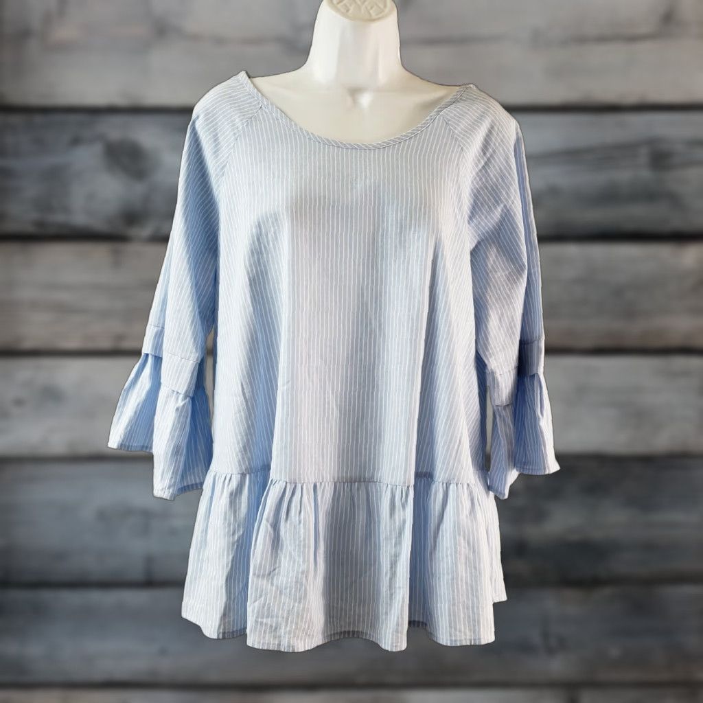 Vintage Pleione Womens Striped Top Shirt 3/4 Sleeve Blue White Ruffle Hem Cotton M Womens Size M / US 6-8 / IT 42-44 - 1 Thumbnail