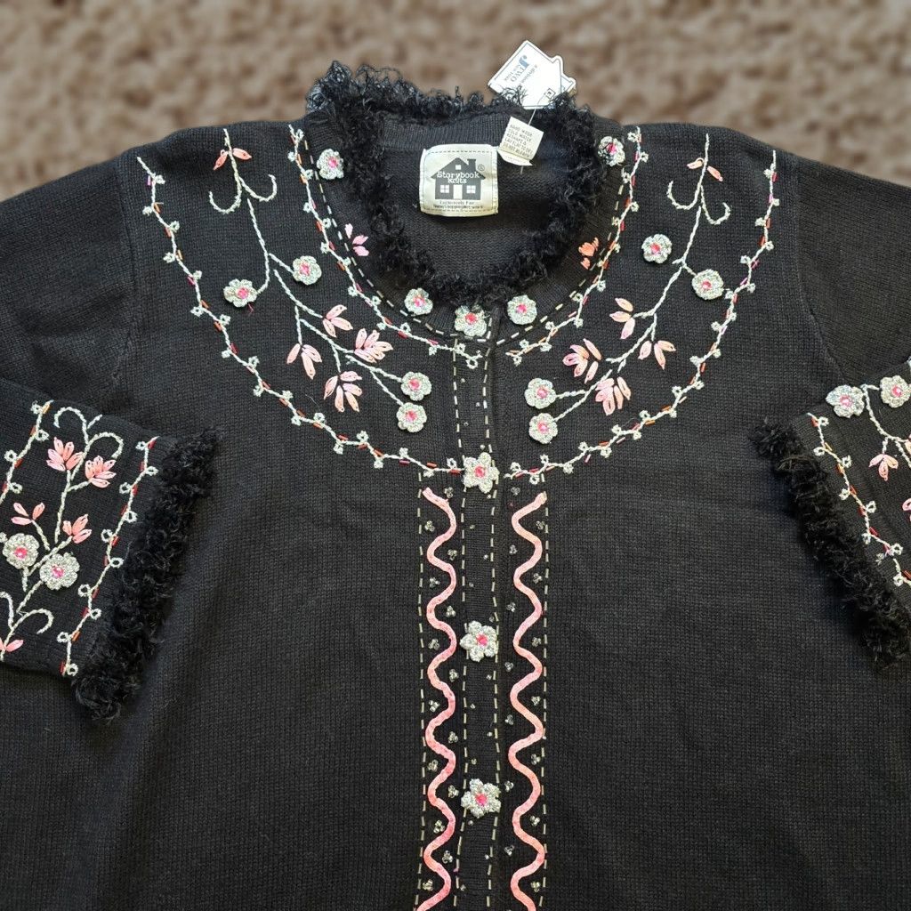 VINTAGE Storybook Knits Sweater Womens 3X Black Pink Embroidered Cardigan Duster Long Jacket Heavyweight Black Pink Embroidered