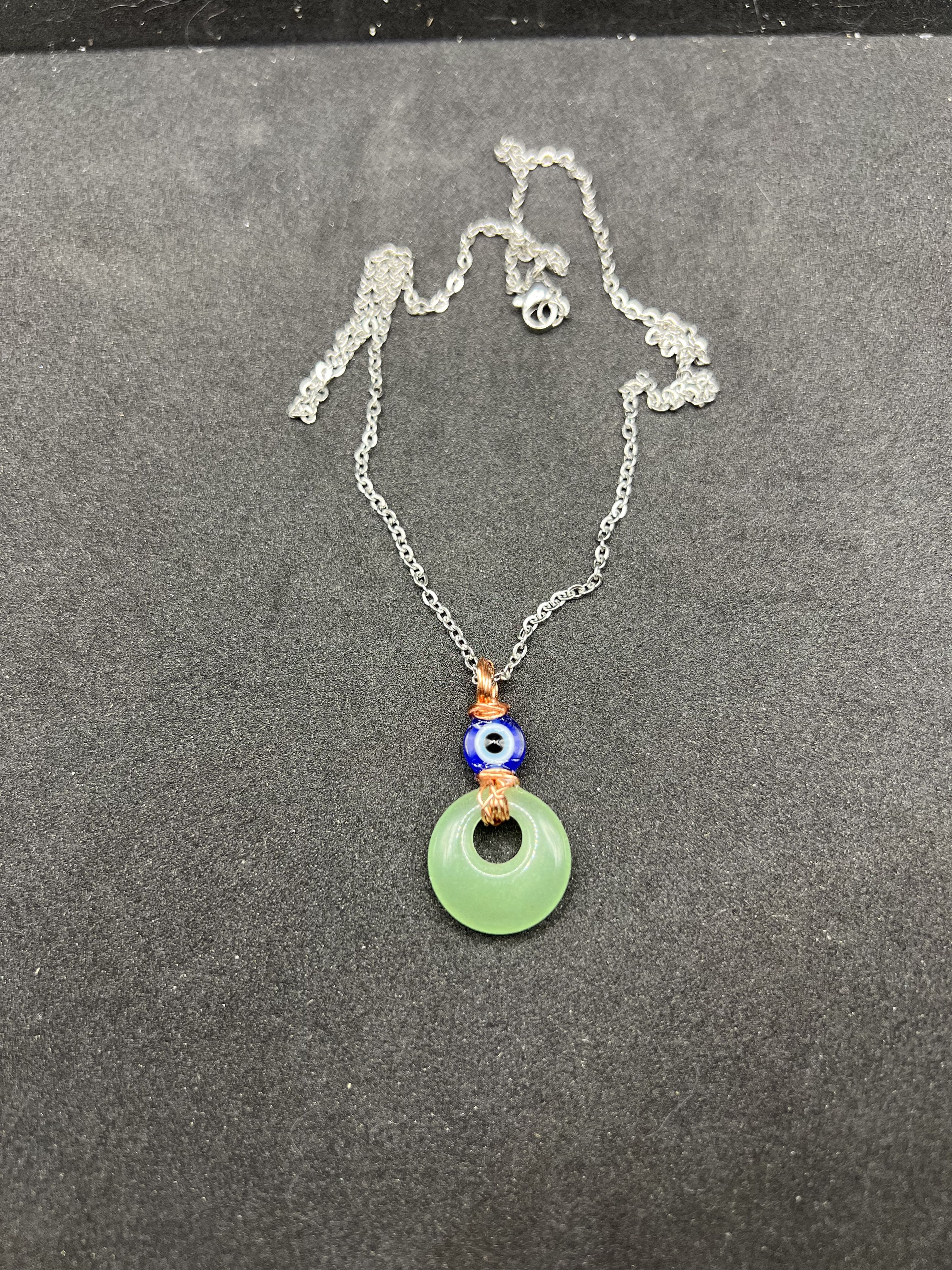 Handmade Green Jade chain necklace with evil eye bead Size ONE SIZE - 4 Thumbnail
