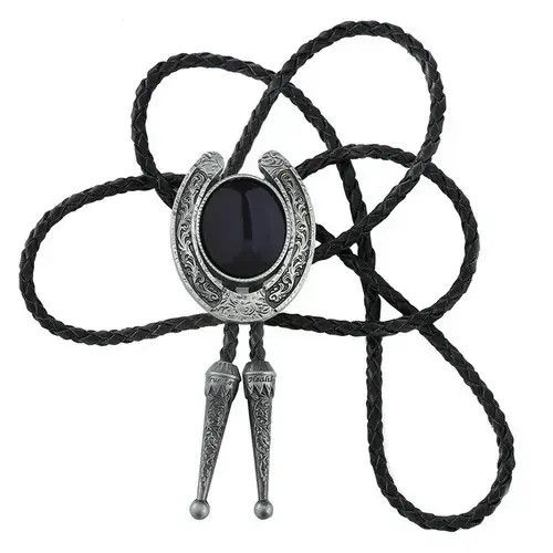 Cowboy Equipment × Vintage Western Horseshoe Black Agate Leather Rope bolo tie Size ONE SIZE - 2 Thumbnail