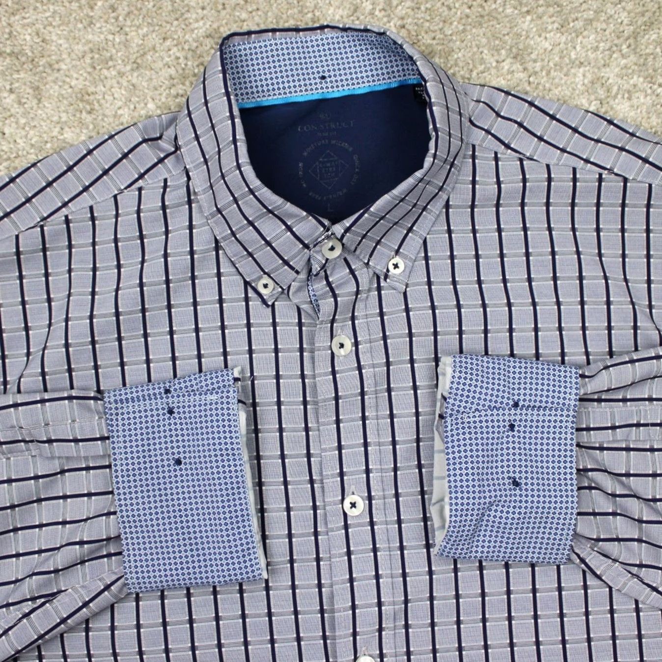 Vintage Construct Shirt Men L Blue 90s Geometric Button-Up Slim Short Sleeve? Size US L / EU 52-54 / 3 - 2 Thumbnail