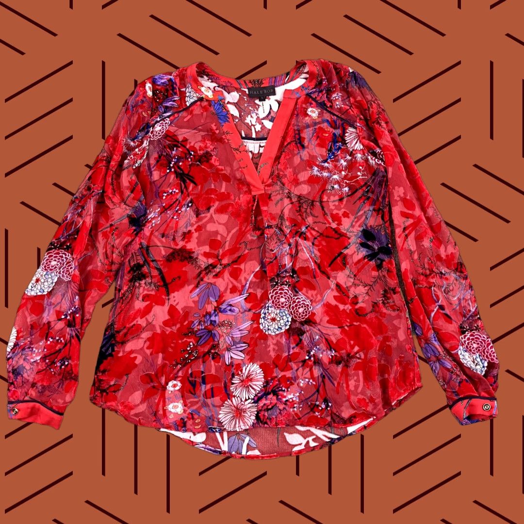 Vintage VINTAGE HALE BOB Shirt Women's Small Silk Viscose Velvet Sheer Red Floral Blouse BOHO Top Size S / US 4 / IT 40 - 1 Thumbnail