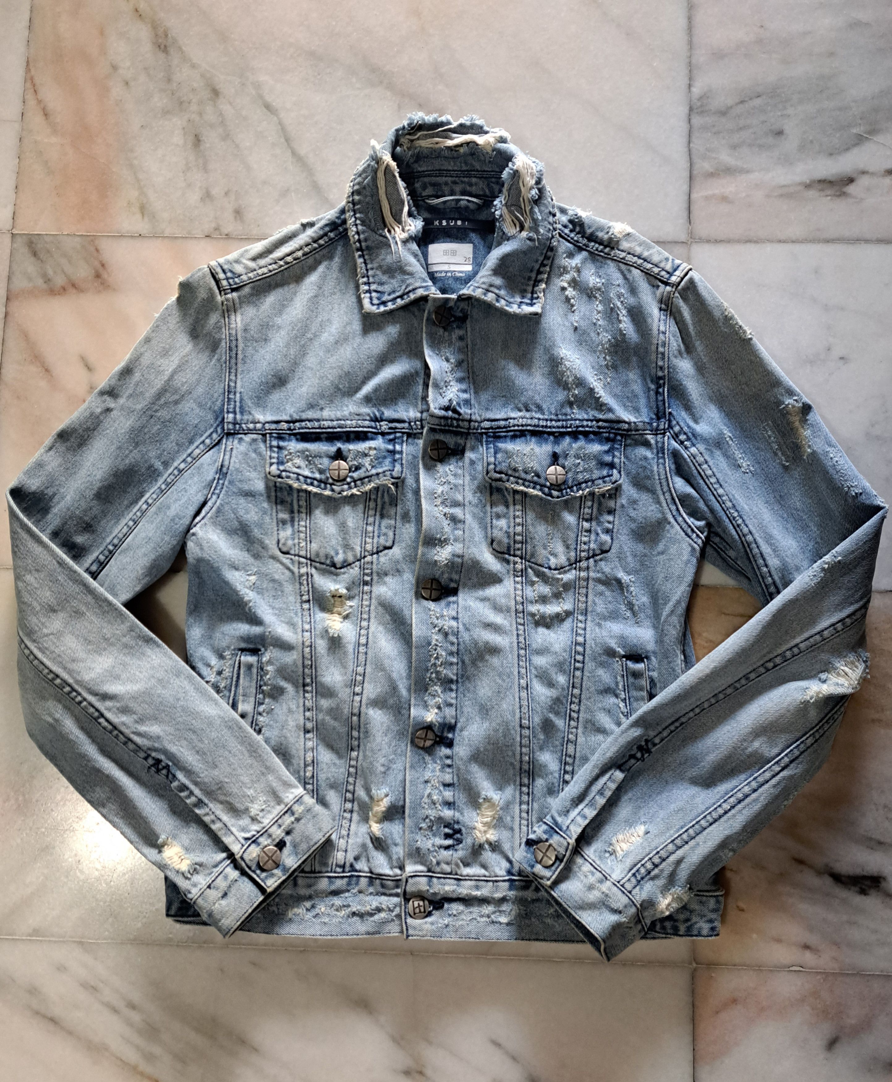 Image of Ksubi Henorix Blue Distressed Denim Jacket, Men's (Size Small)