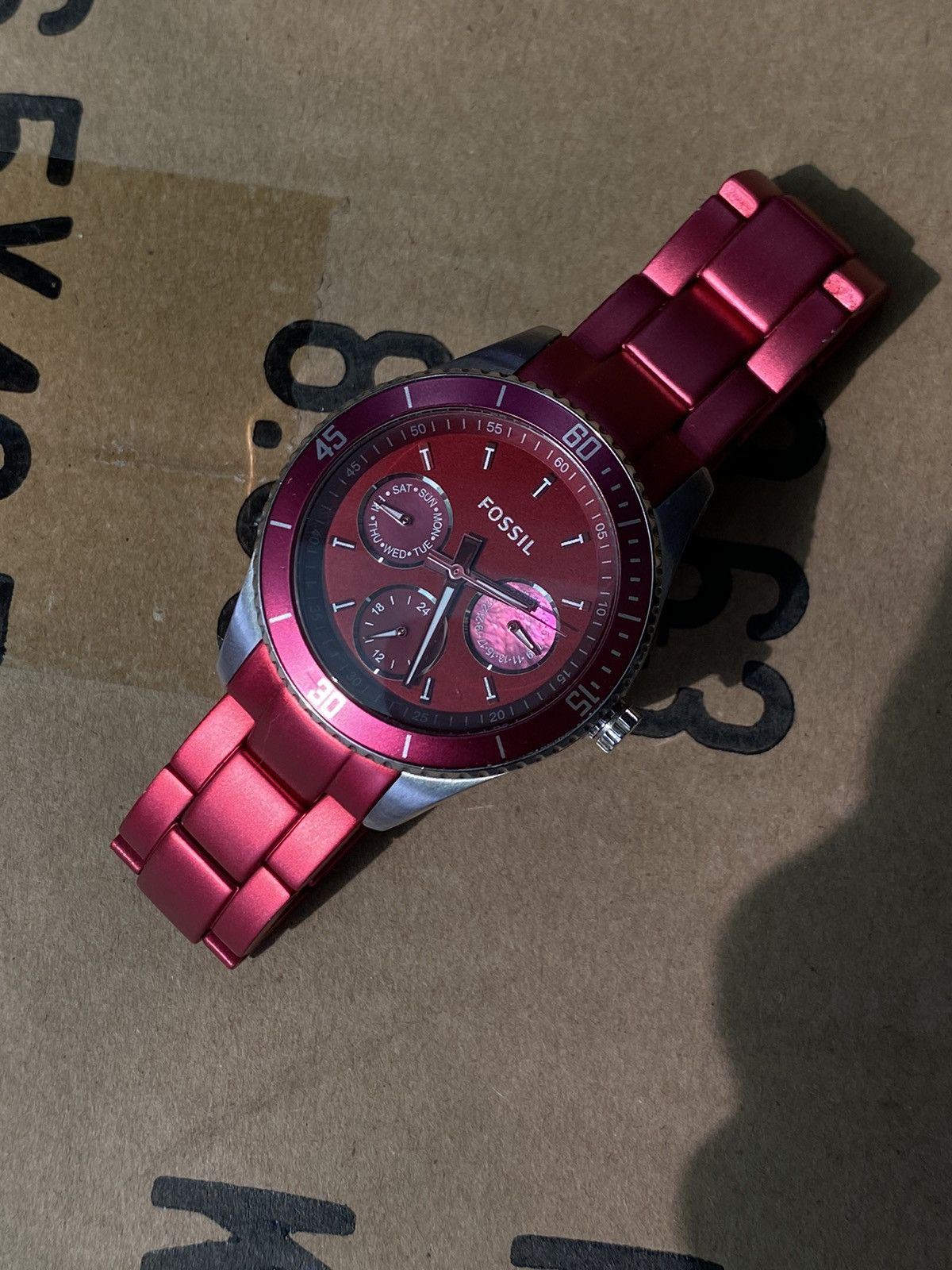 Fossil Fossil Chronograph Red Dial Watch with Metal Strap 38mm Size ONE SIZE - 2 Thumbnail