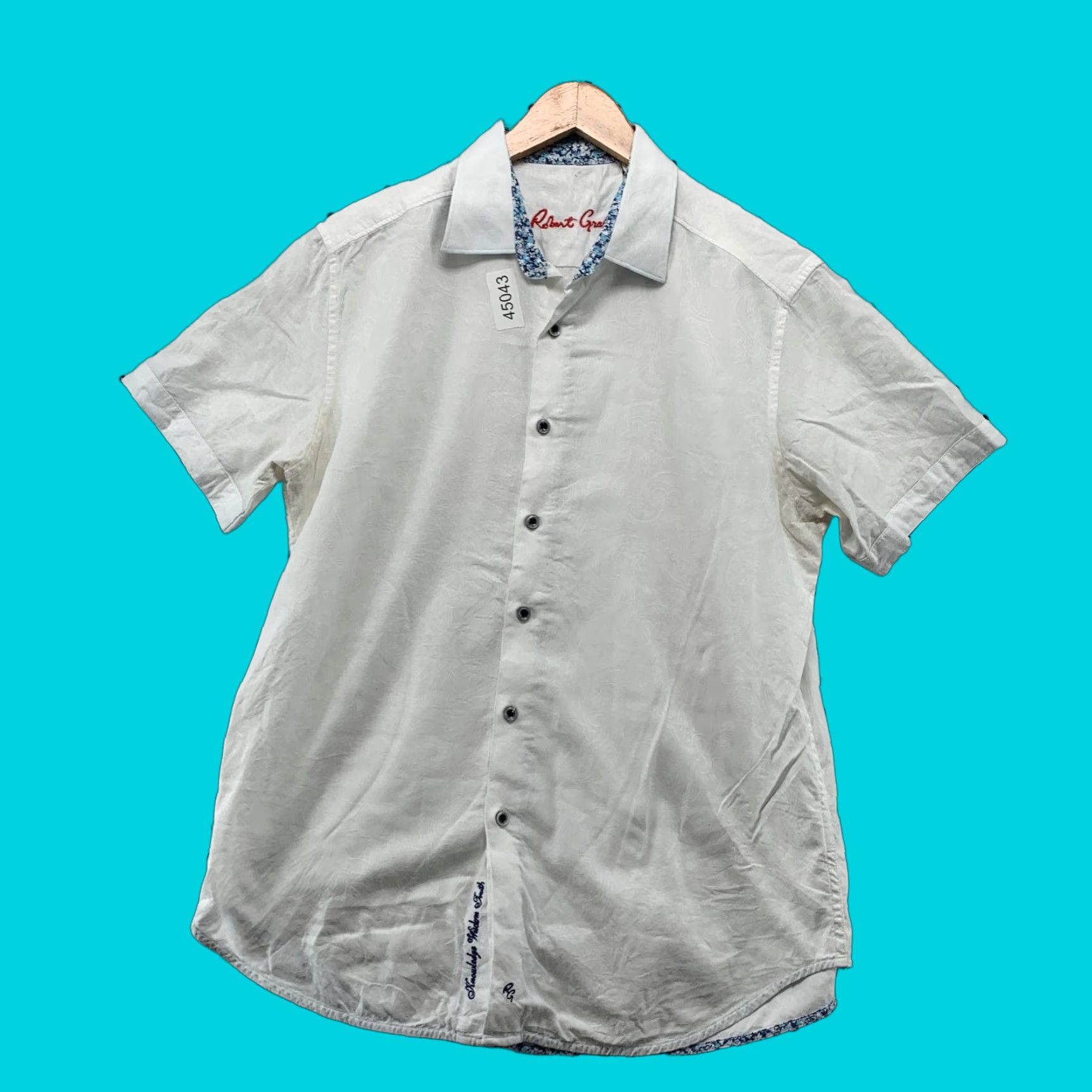 Robert Graham Robert Graham Button Shirt Mens Medium White Blue Floral Trim Short Sleeve Shirt Mens White Floral Button-Up Size US M / EU 48-50 / 2 - 1 Thumbnail
