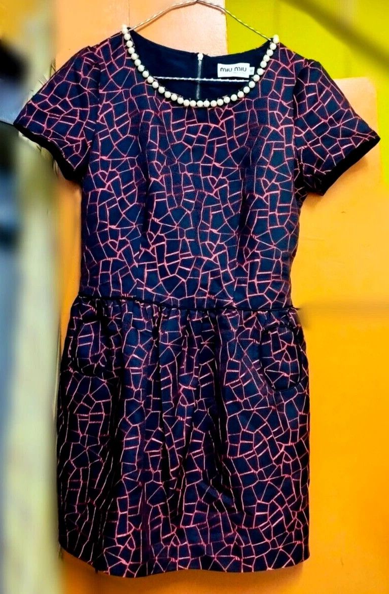 Miu Miu × Vintage MIU MIU Italy Women Short Retro Dress Faux Pearl Neckline Size S / US 4 / IT 40 - 1 Thumbnail