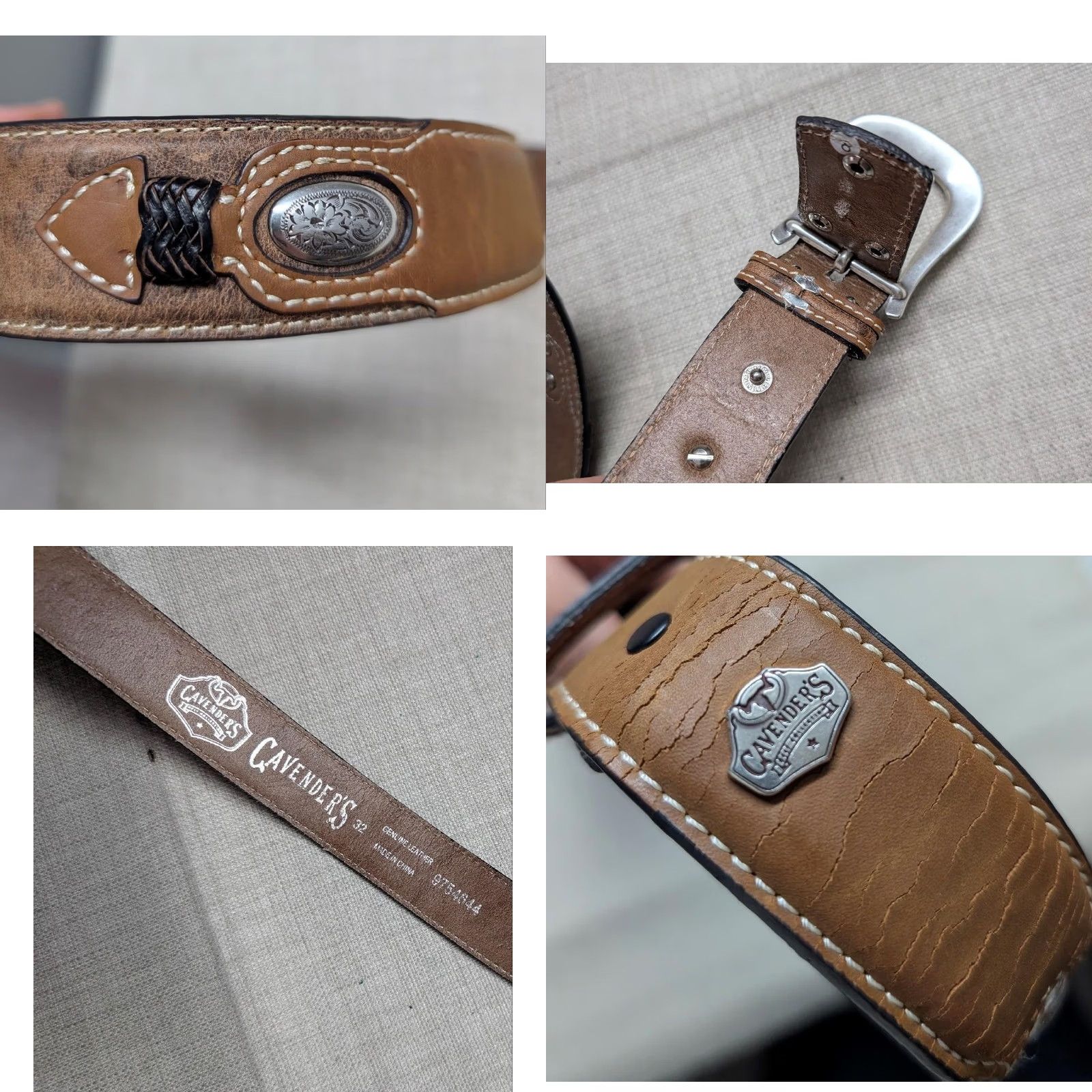 Vintage VINTAGE Cavender's Western Belt Ostrich Print Leather 32 Brown Concho Buckle Men Belt Size 32 - 8 Thumbnail