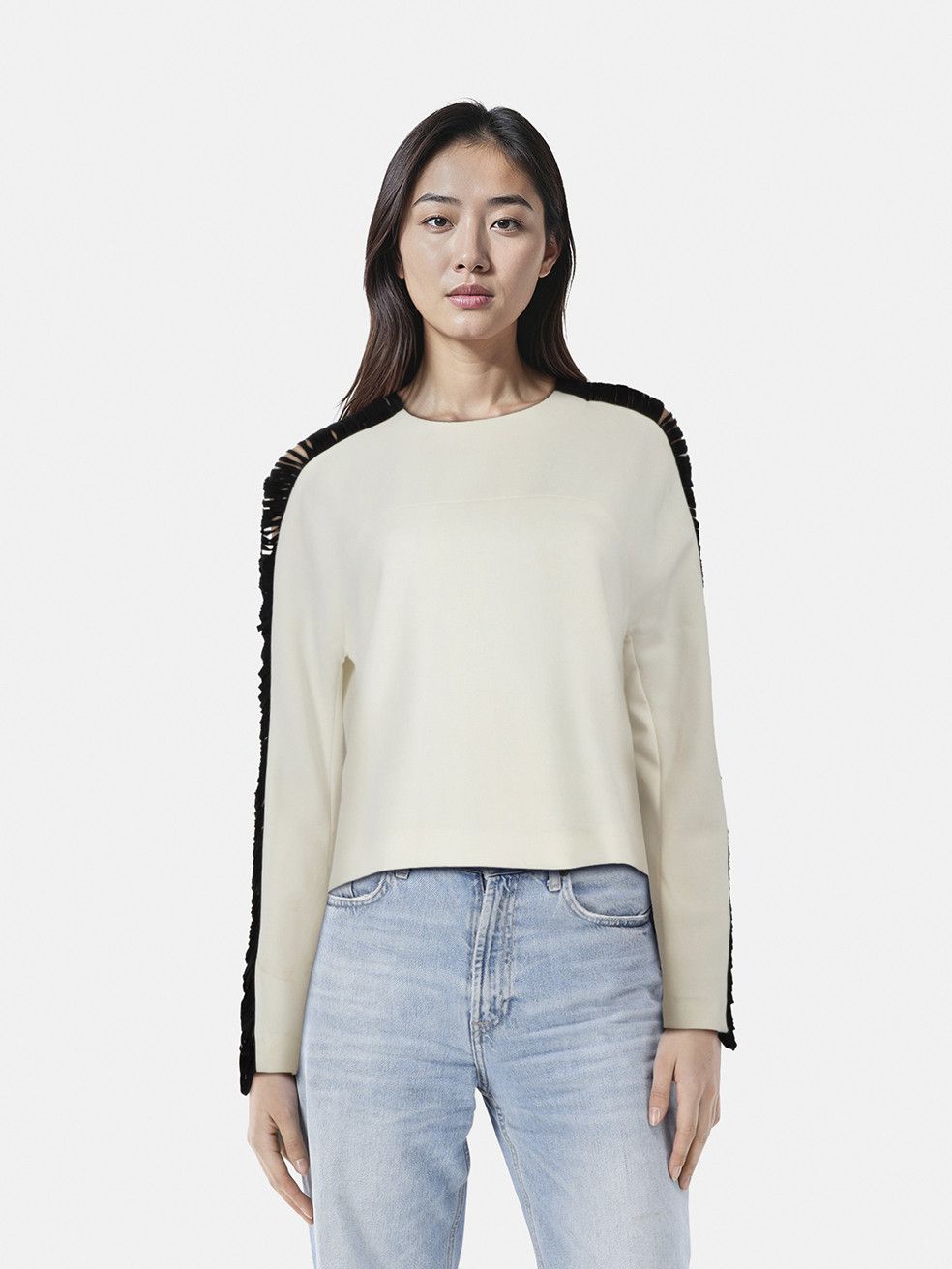 Sandro White Top With Sheer Black Panel Sleeves Size L / US 10 / IT 46 - 1 Thumbnail