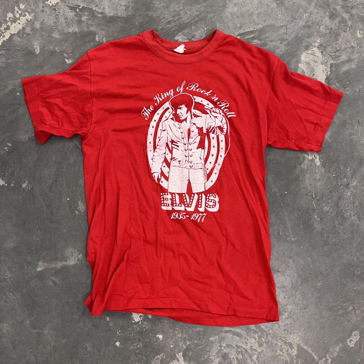 Band Tees × Vintage 1970's Elvis Memorial T shirt Bright Cherry Red King of Rock Size US L / EU 52-54 / 3 - 1 Thumbnail