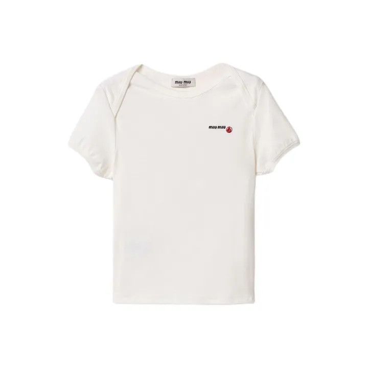 Miu Miu Miu Miu White Embroidered Logo T-Shirt 0079 Size XS / US 0-2 / IT 36-38 - 1 Thumbnail